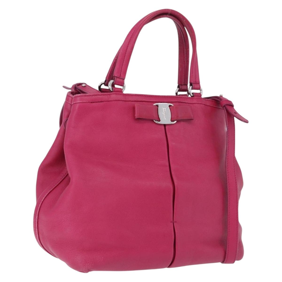 Salvatore Ferragamo Vara Ribbon Hand Bag Leather 2way Pink Silver Auth BA15273