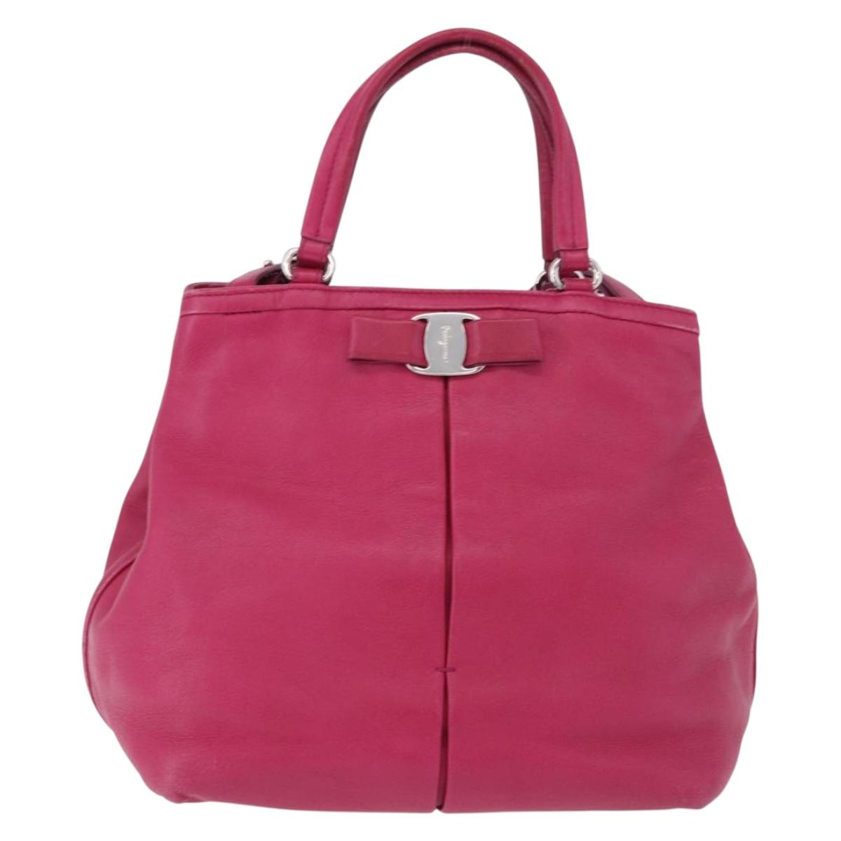 Salvatore Ferragamo Vara Ribbon Hand Bag Leather 2way Pink Silver Auth BA15273