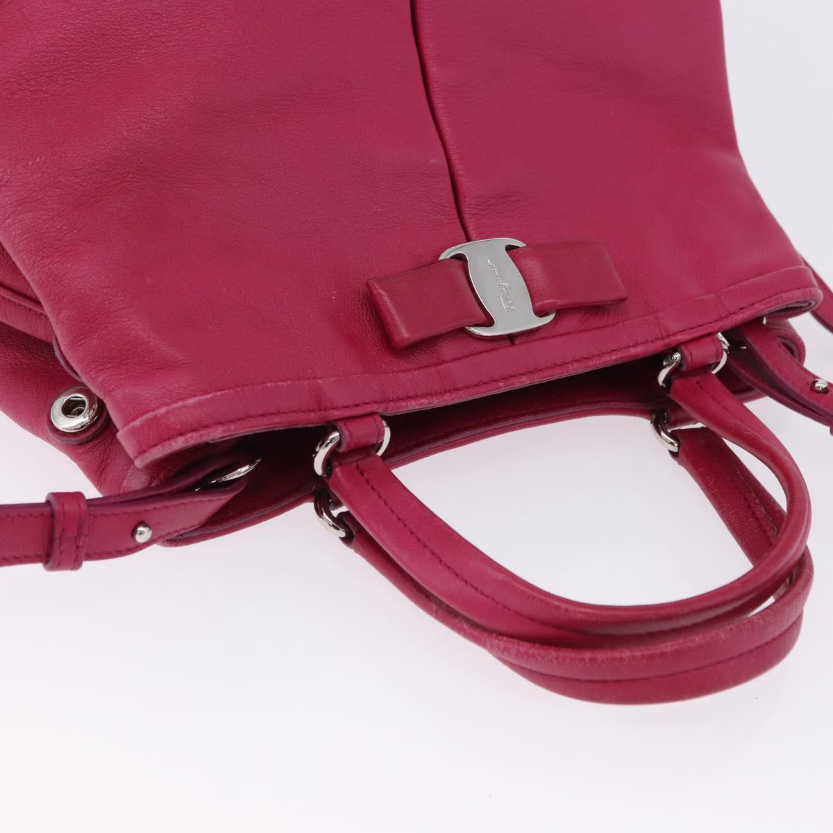 Salvatore Ferragamo Vara Ribbon Hand Bag Leather 2way Pink Silver Auth BA15273