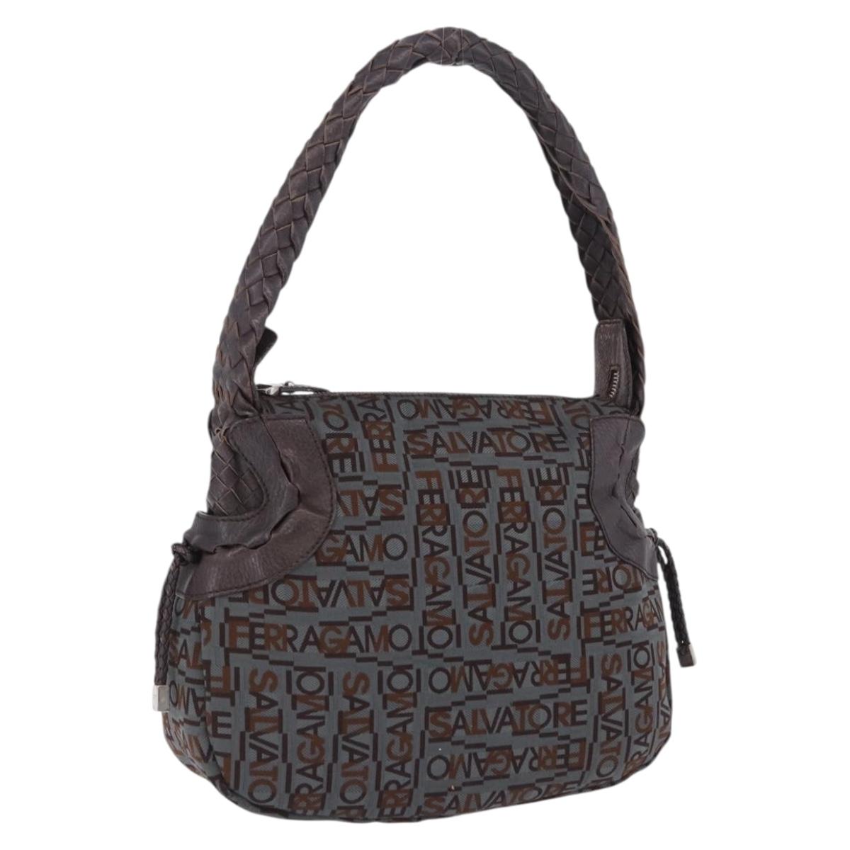 Salvatore Ferragamo Hand Bag Canvas Gray Silver Auth BA15274