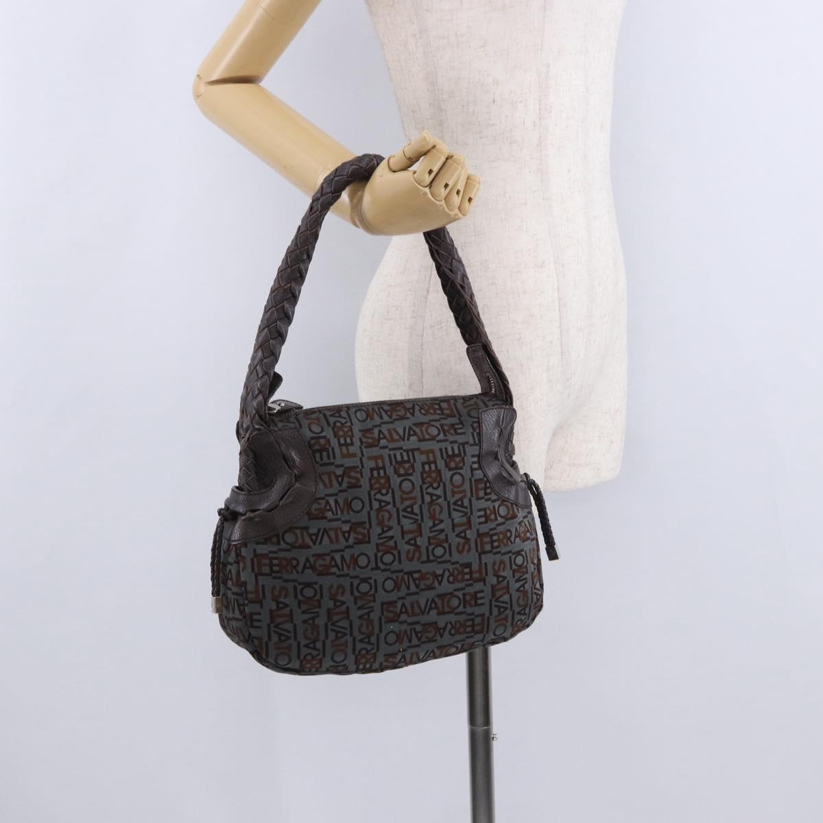 Salvatore Ferragamo Hand Bag Canvas Gray Silver Auth BA15274