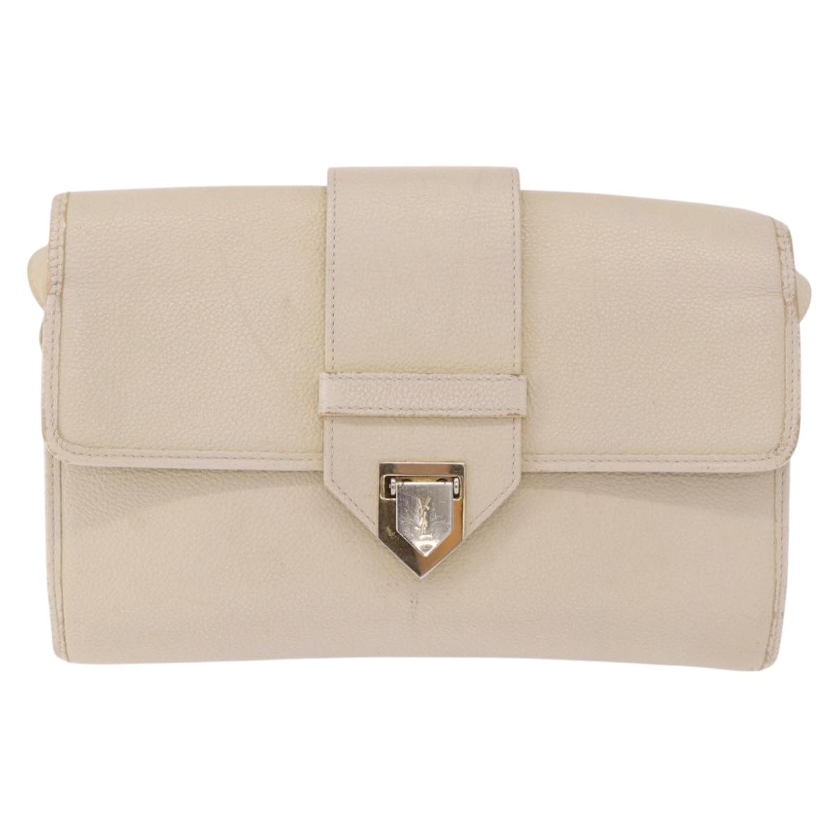 SAINT LAURENT Shoulder Bag Leather White Gold Auth BA15275