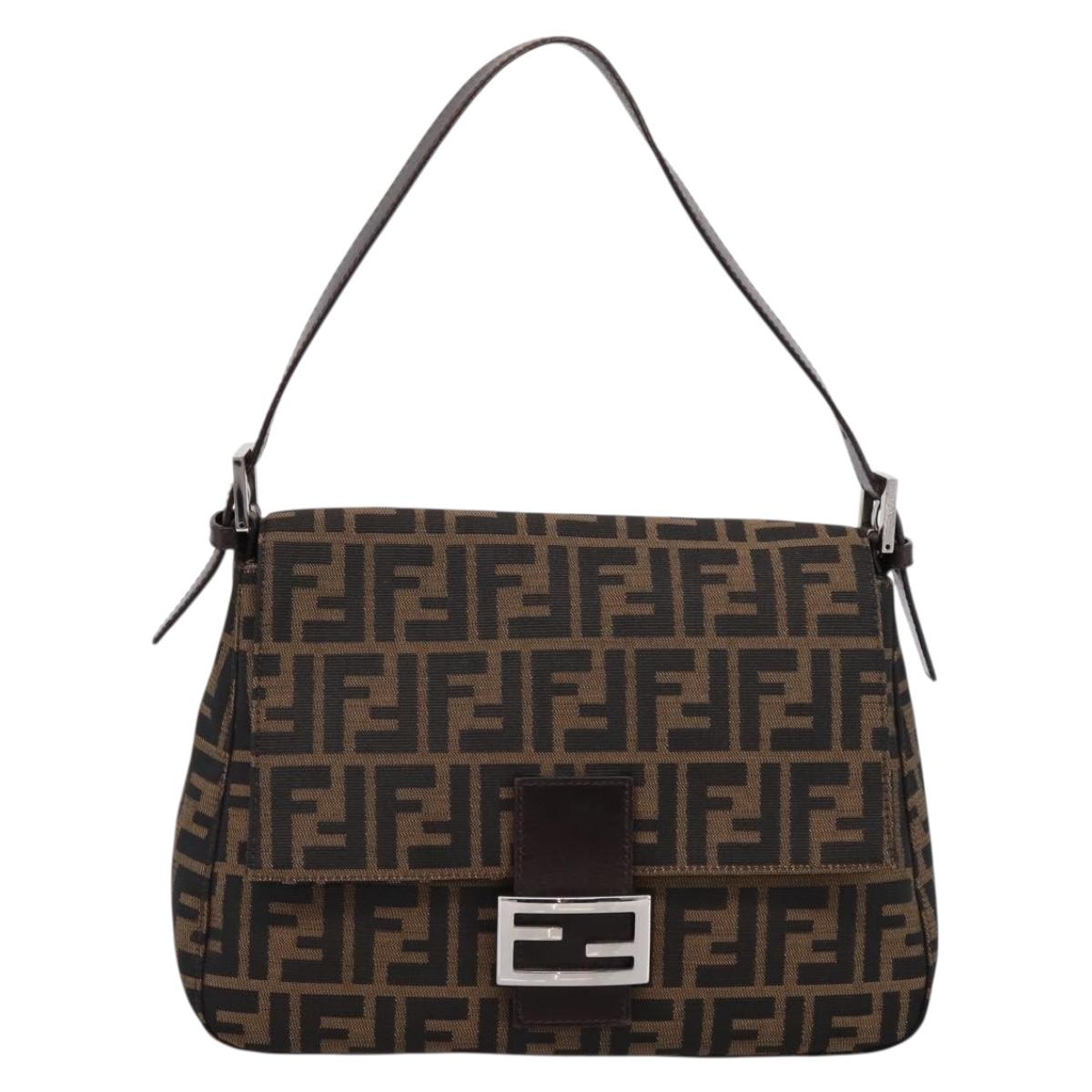 FENDI Zucca Canvas Mamma Baguette Shoulder Bag Brown Silver Auth BA15280V
