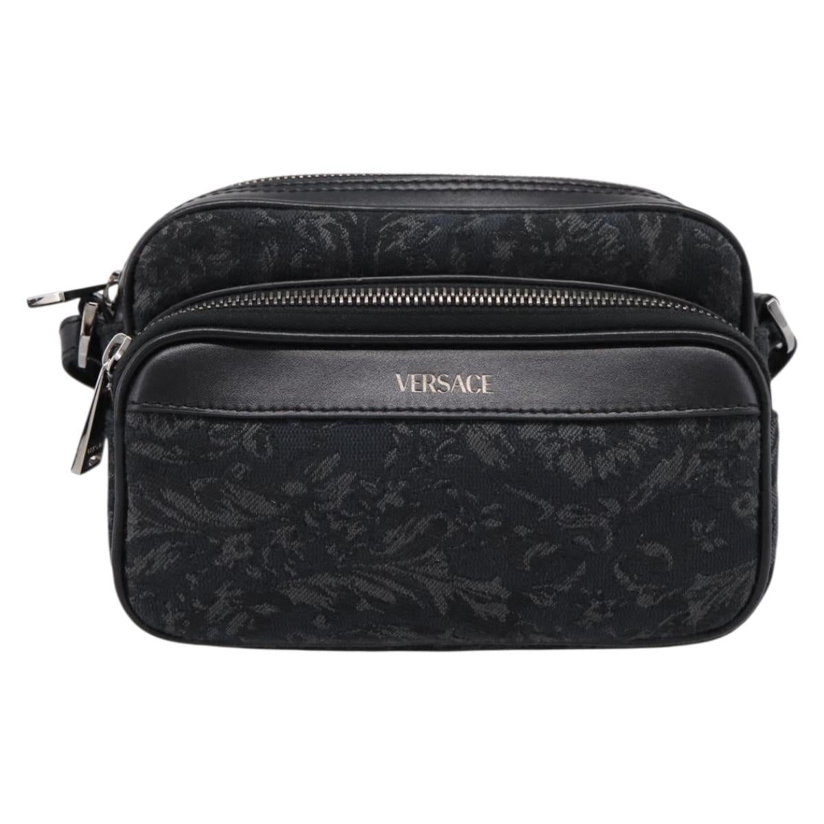 VERSACE Jacquard Shoulder Bag Canvas Black Silver Auth BA15281V