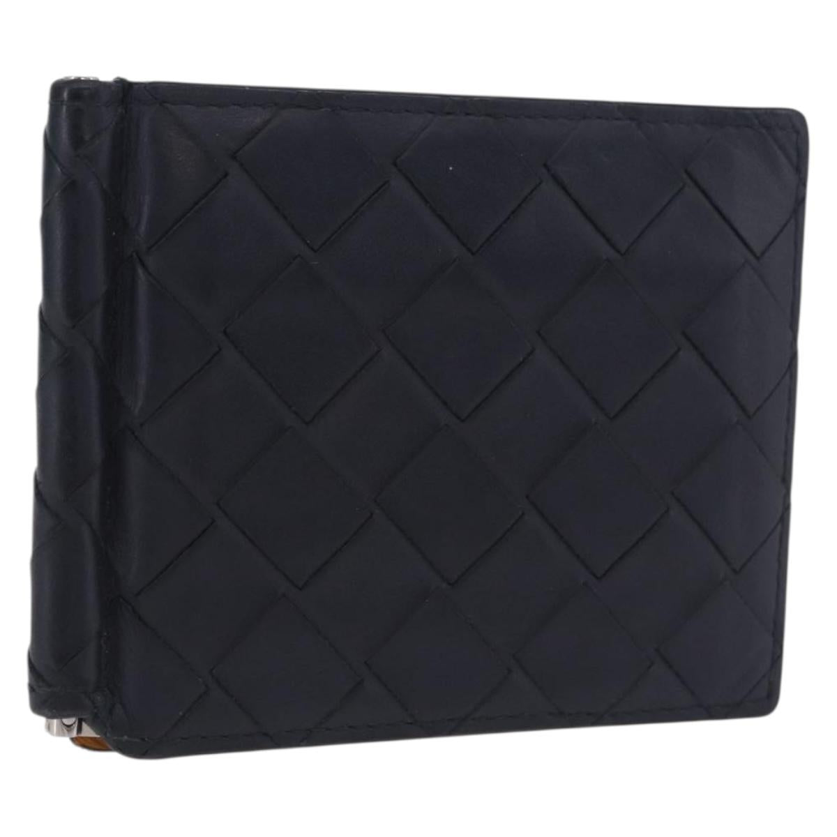 BOTTEGA VENETA INTRECCIATO Card Case Leather Navy Silver Auth BA15282