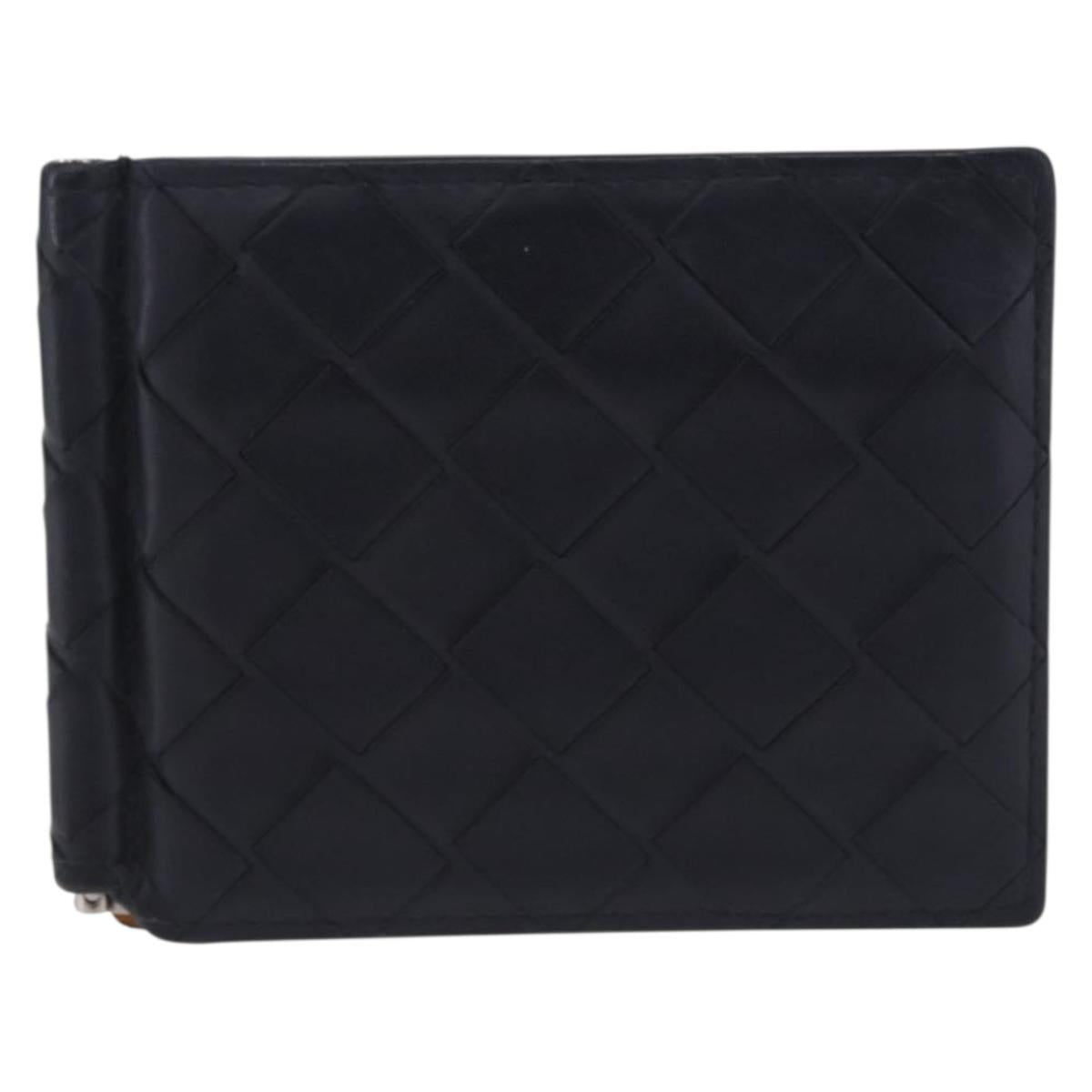 BOTTEGA VENETA INTRECCIATO Card Case Leather Navy Silver Auth BA15282