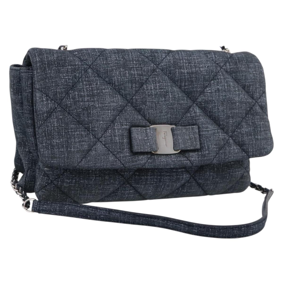 Salvatore Ferragamo Denim Vala Ribbon Chain Shoulder Bag Blue Auth BA15284V