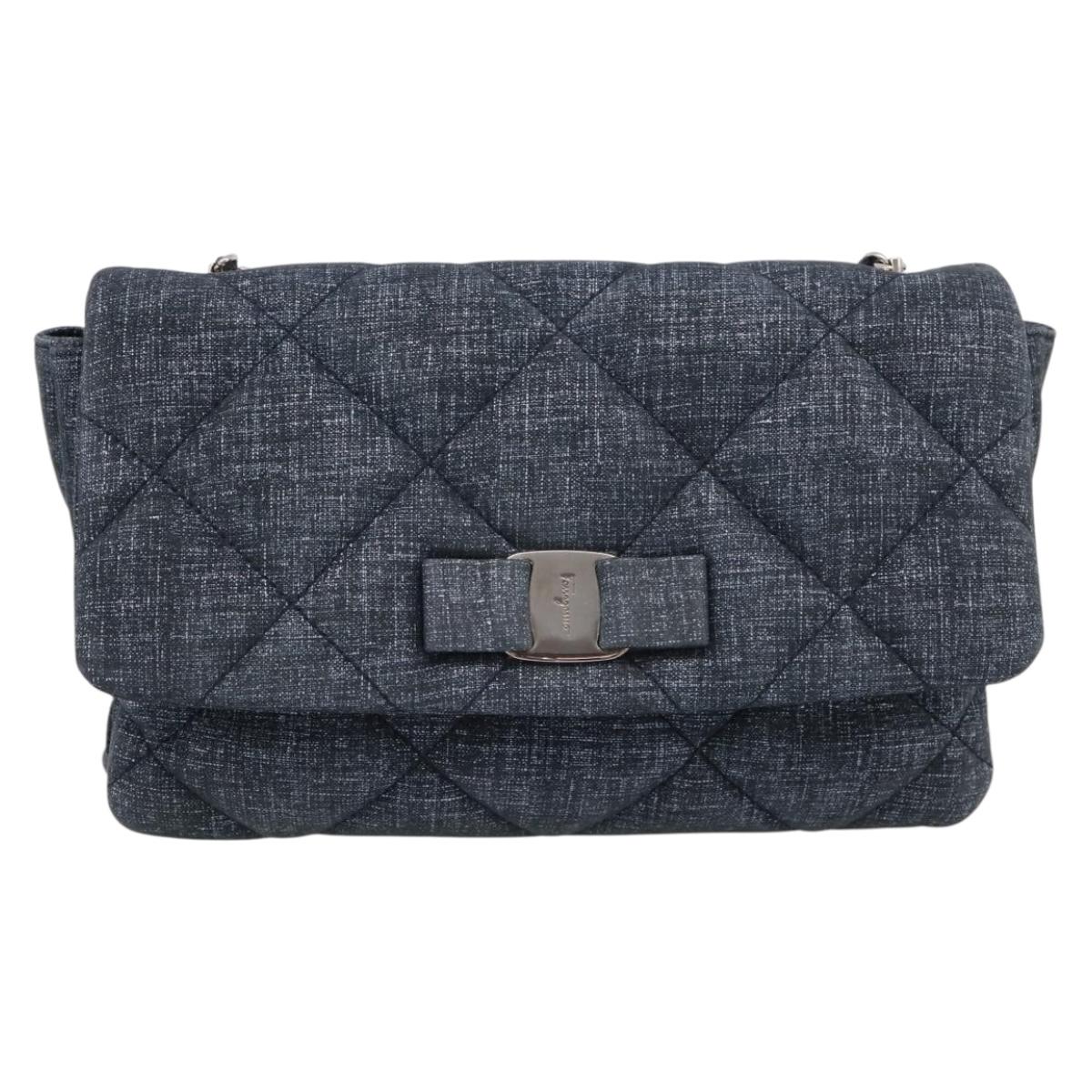 Salvatore Ferragamo Denim Vala Ribbon Chain Shoulder Bag Blue Auth BA15284V