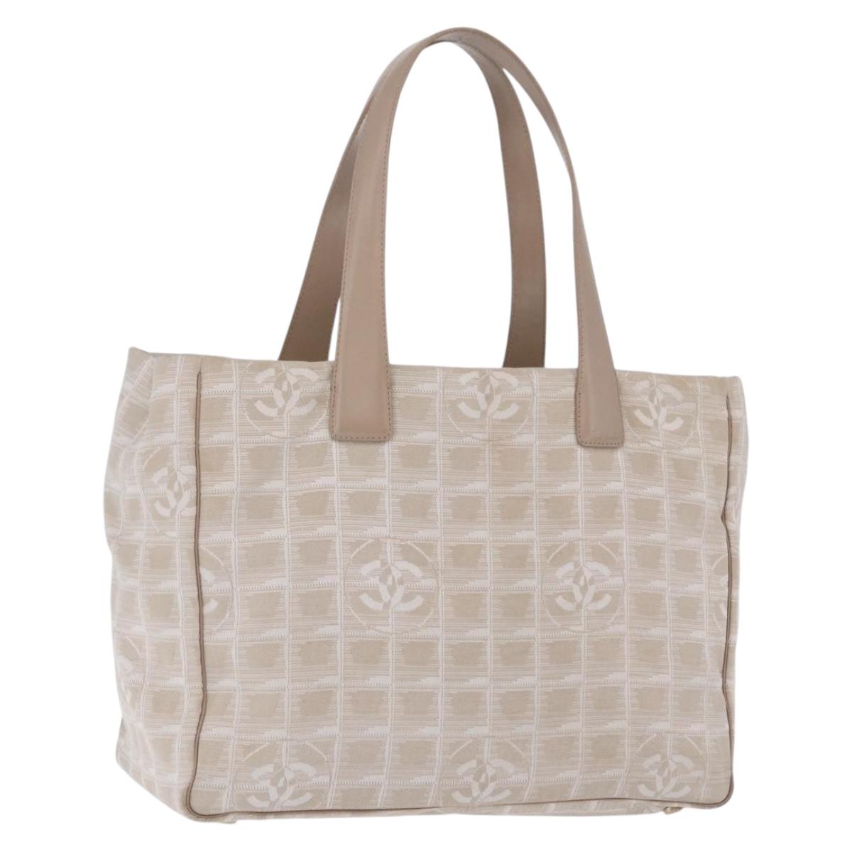 CHANEL New Travel Line Tote Bag Canvas Beige Gold Tone CC Auth BA15287