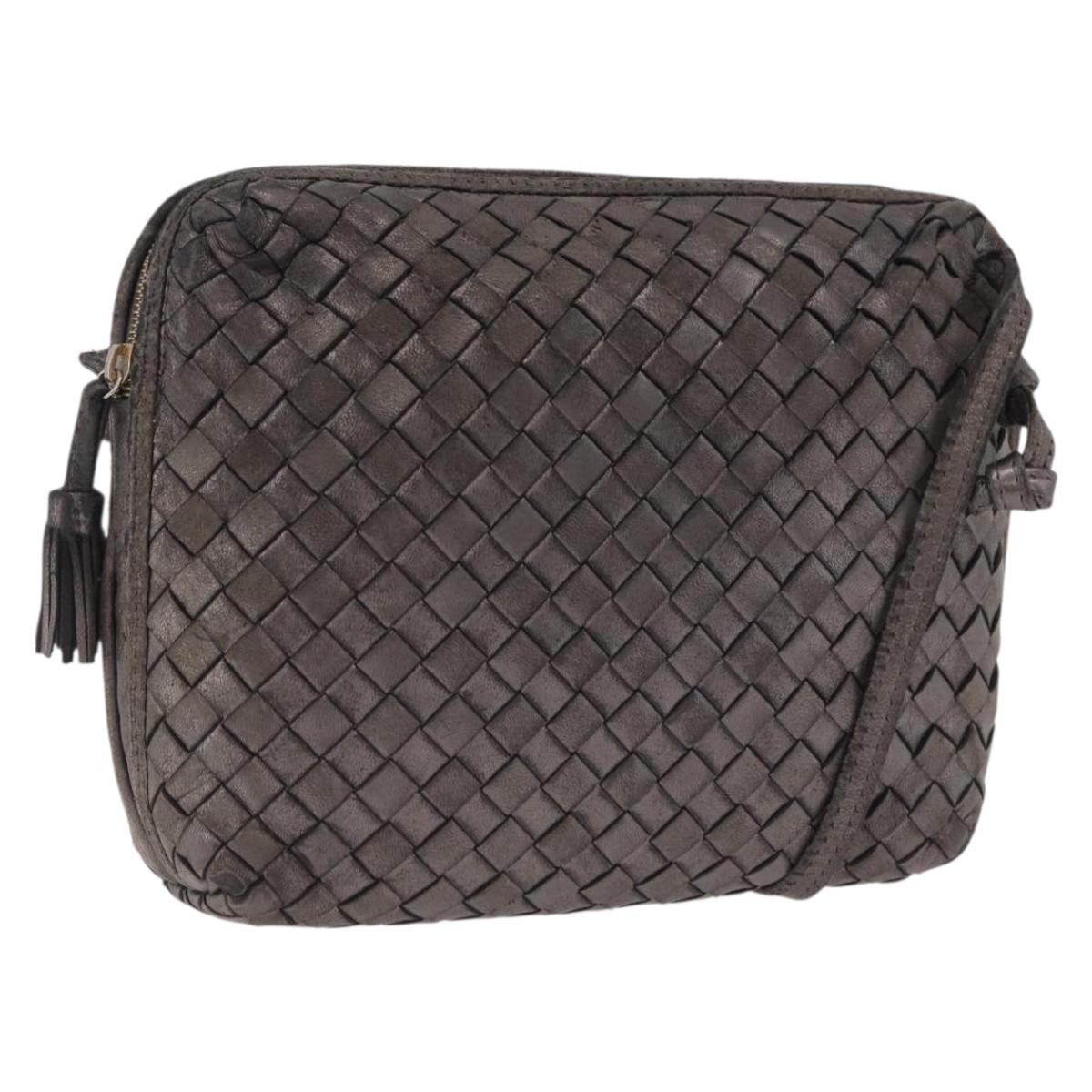 BOTTEGA VENETA INTRECCIATO Shoulder Bag Leather Silver Gold Tone Auth BA15290