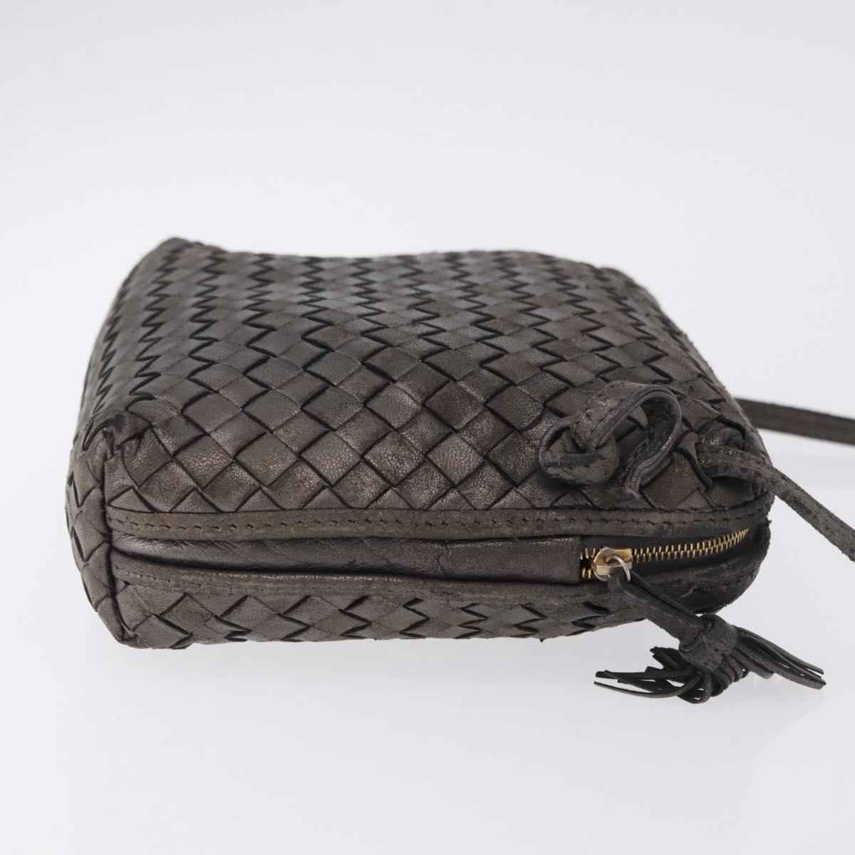 BOTTEGA VENETA INTRECCIATO Shoulder Bag Leather Silver Gold Tone Auth BA15290