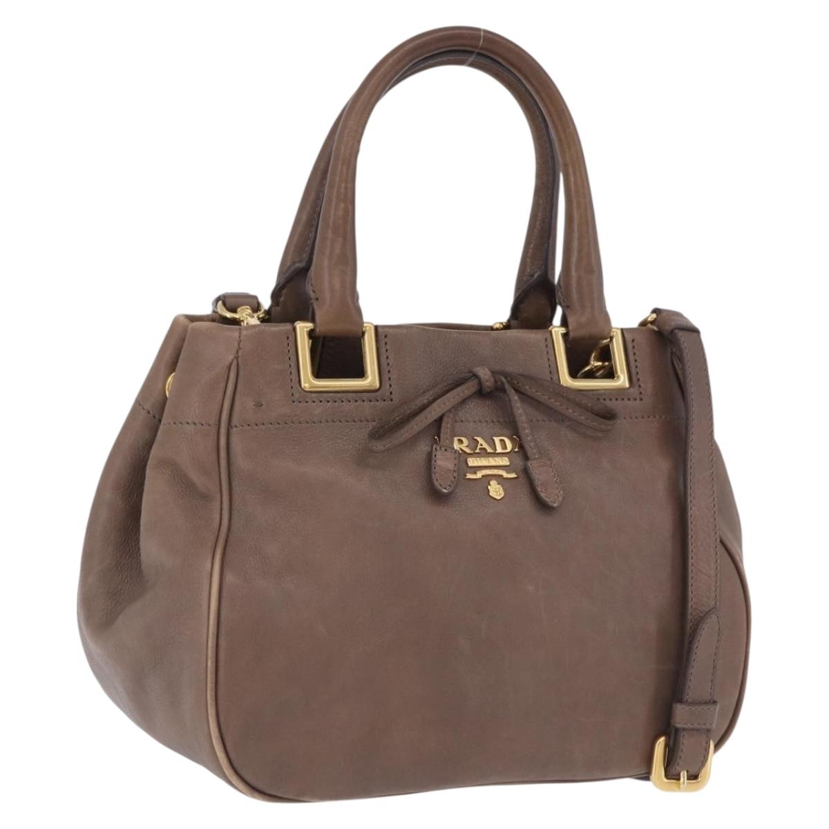 PRADA Hand Bag Leather 2way Brown Gold Tone Auth BA15297