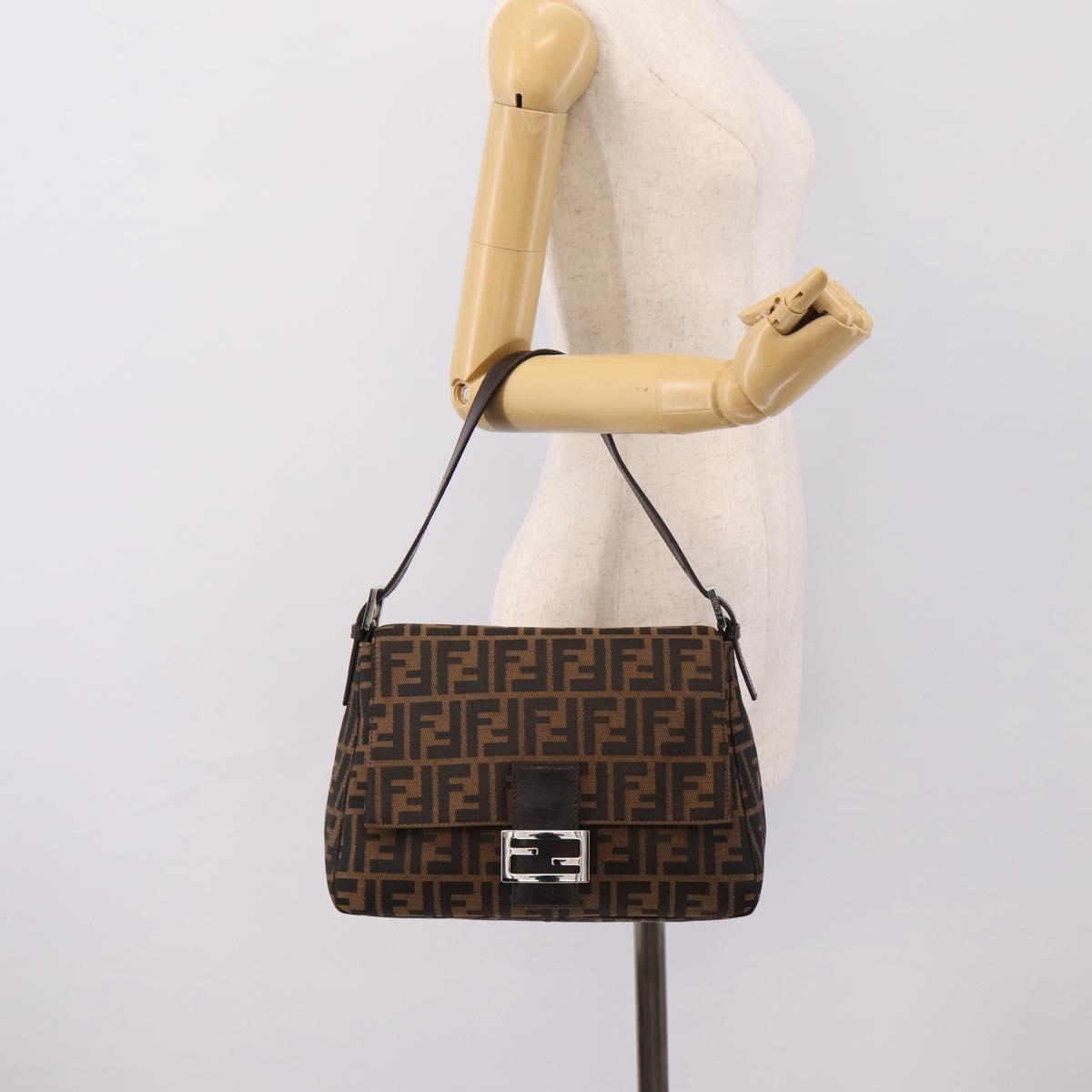 FENDI Zucca Canvas Mamma Baguette Shoulder Bag Brown Silver Auth BA15303V