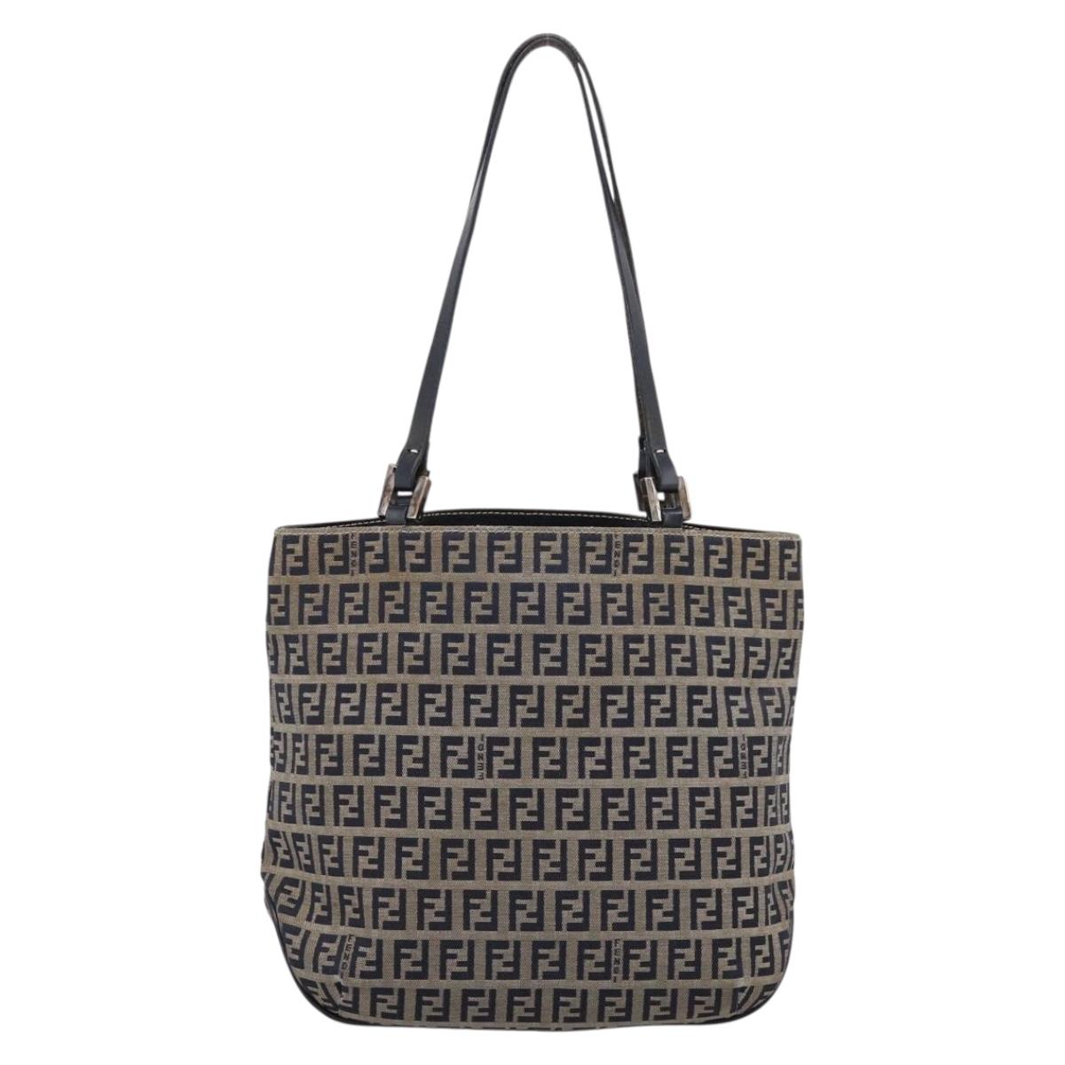 FENDI Zucchino Canvas Hand Bag Navy Silver Auth BA15304