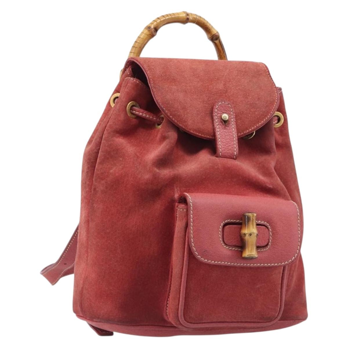 GUCCI Bamboo Backpack Suede Red Gold Tone 003 1705 0030 Auth BA15308