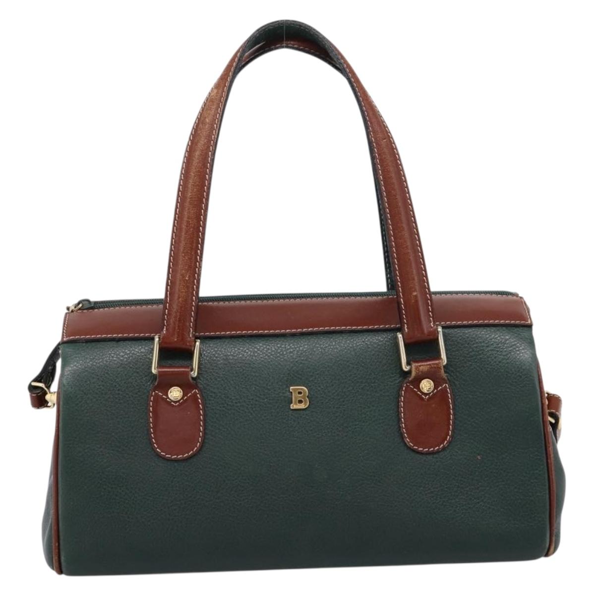 BALLY Hand Bag Leather 2way Green Gold Tone Auth BA15313