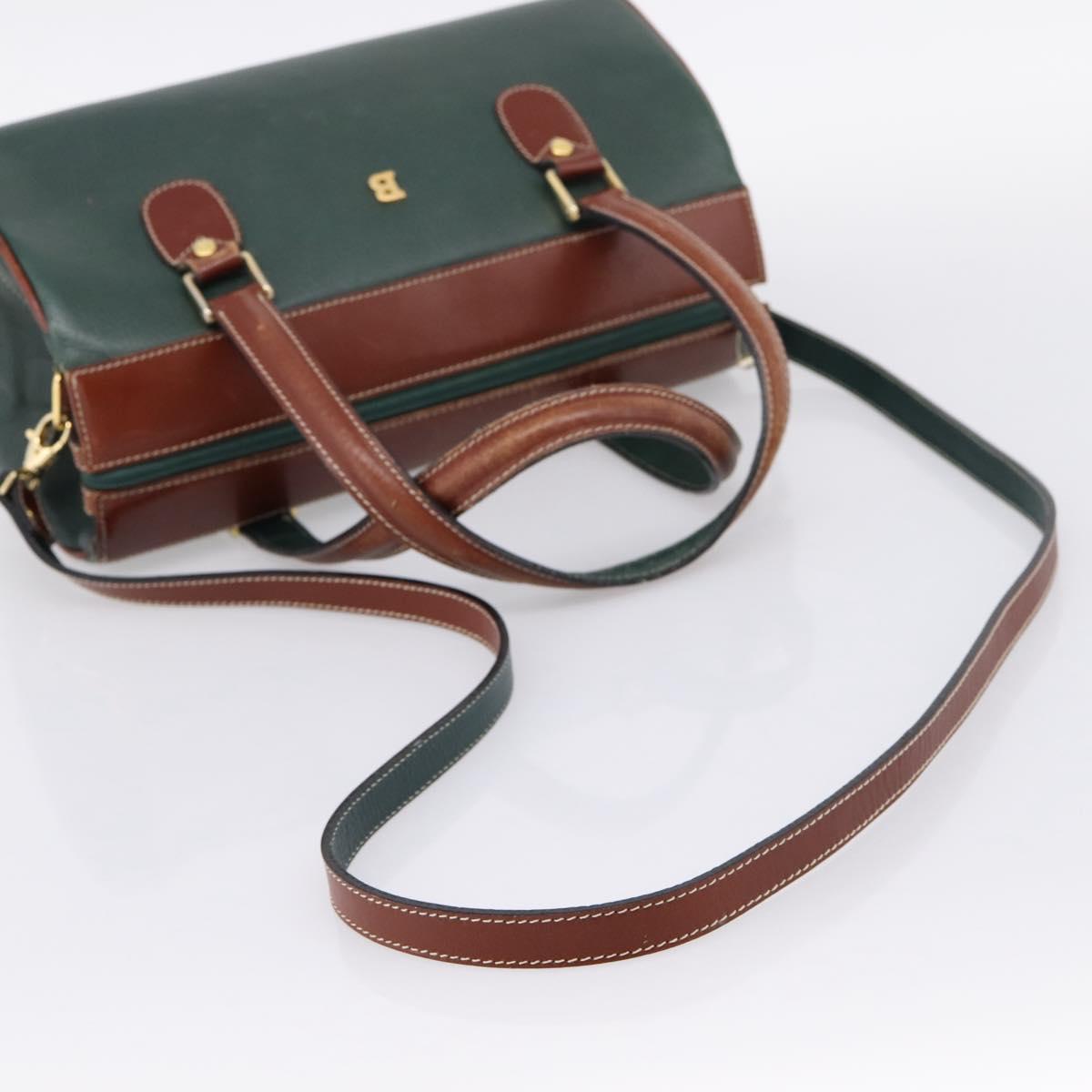 BALLY Hand Bag Leather 2way Green Gold Tone Auth BA15313