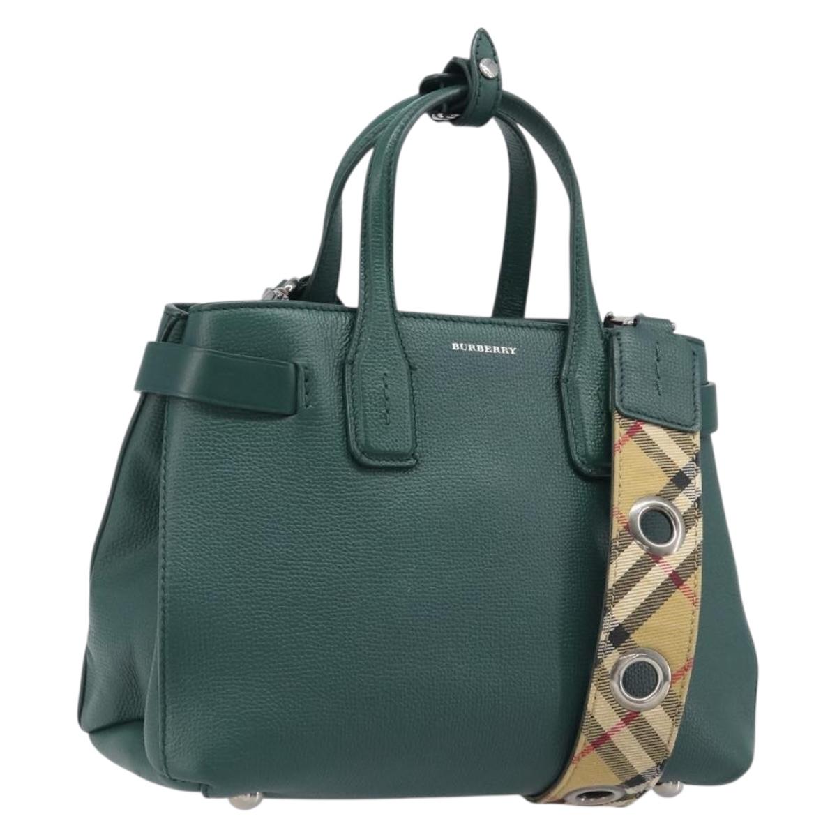 BURBERRY Hand Bag Leather 2way Green Silver Auth BA15318A