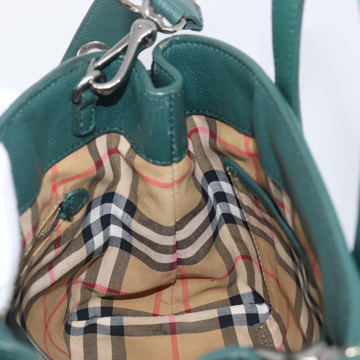 BURBERRY Hand Bag Leather 2way Green Silver Auth BA15318A