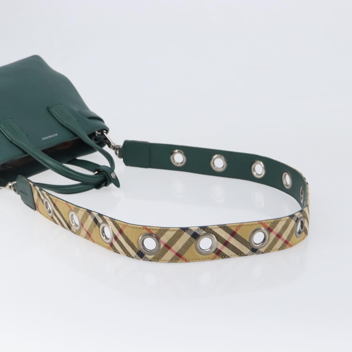 BURBERRY Hand Bag Leather 2way Green Silver Auth BA15318A