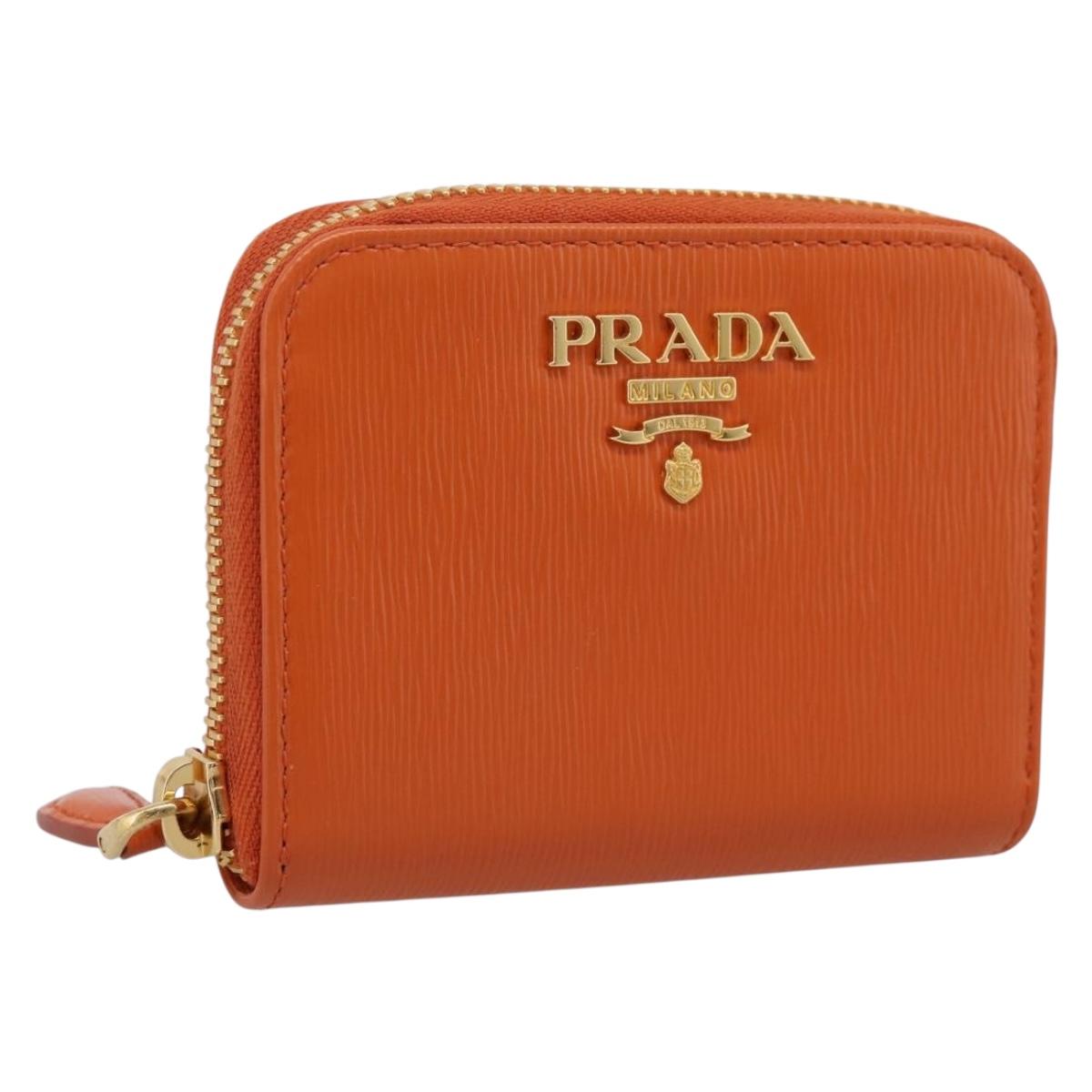 PRADA Coin Purse Saffiano Orange Gold Tone Auth BA15322V