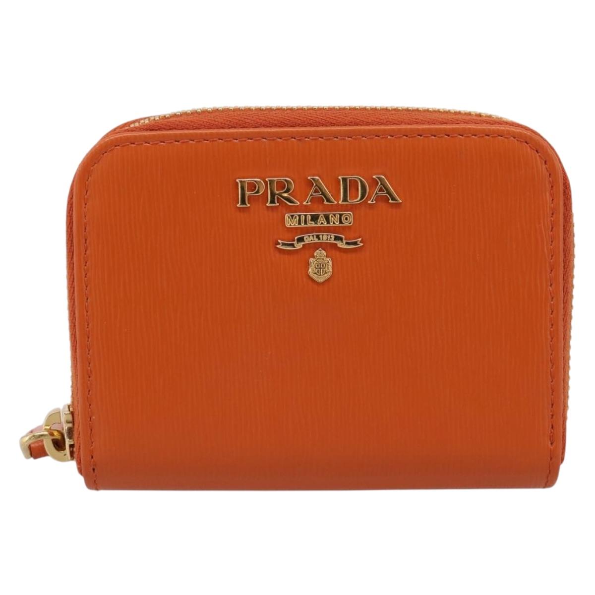PRADA Coin Purse Saffiano Orange Gold Tone Auth BA15322V