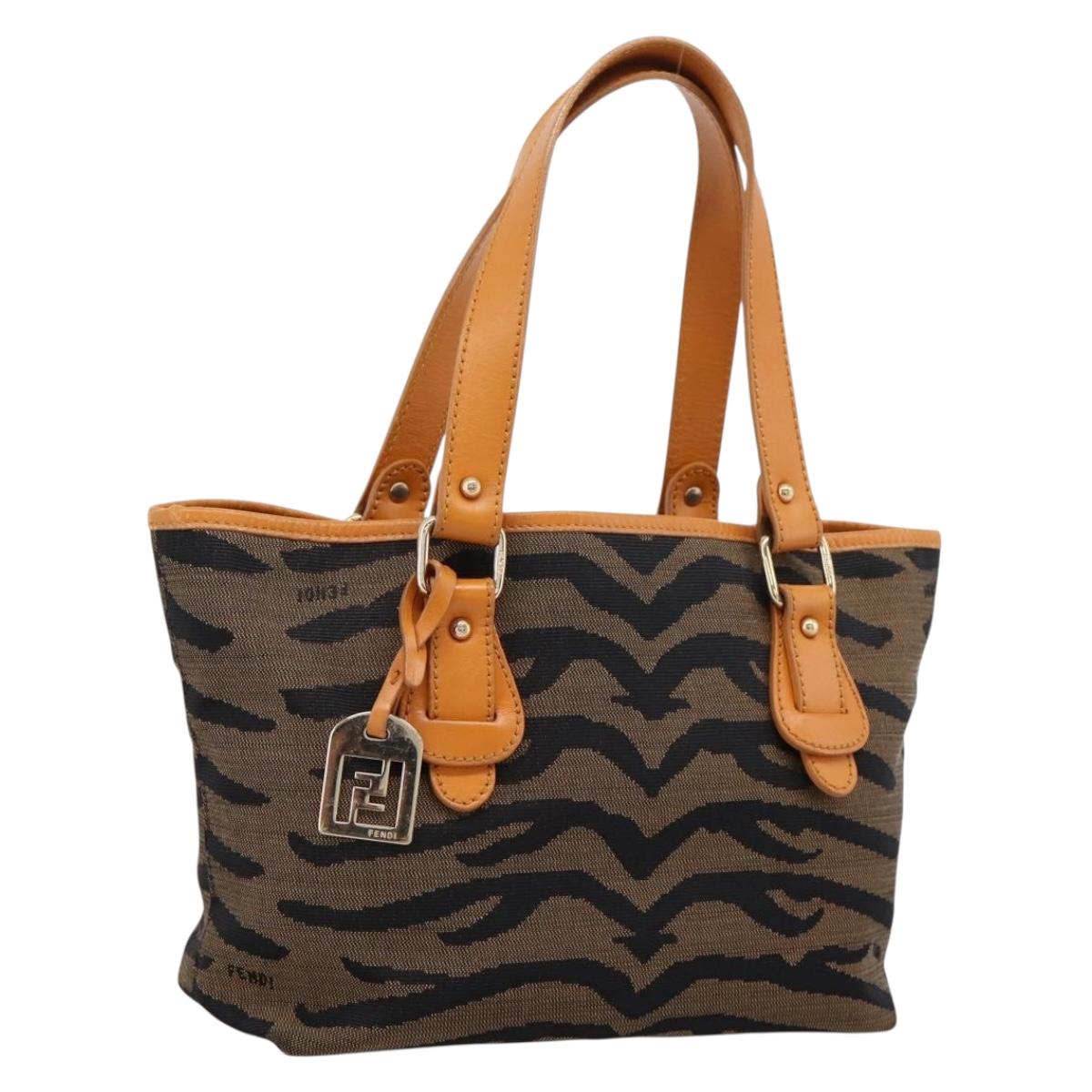 FENDI Hand Bag Canvas Brown Gold Tone 8BH117 Auth BA15328