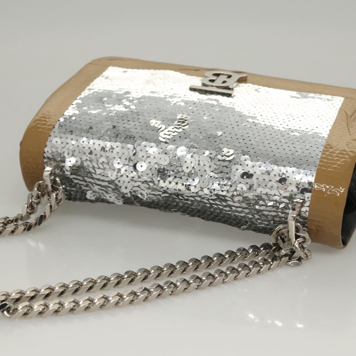 BURBERRY Sequin Chain Shoulder Bag Leather Silver Auth BA1535
