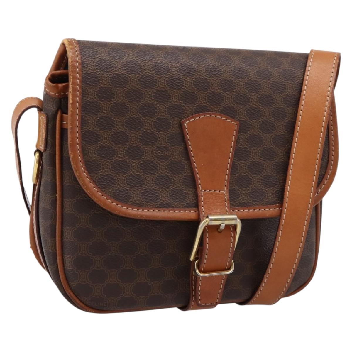 CELINE Macadam Shoulder Bag PVC Leather Brown Gold Tone Auth BA15351