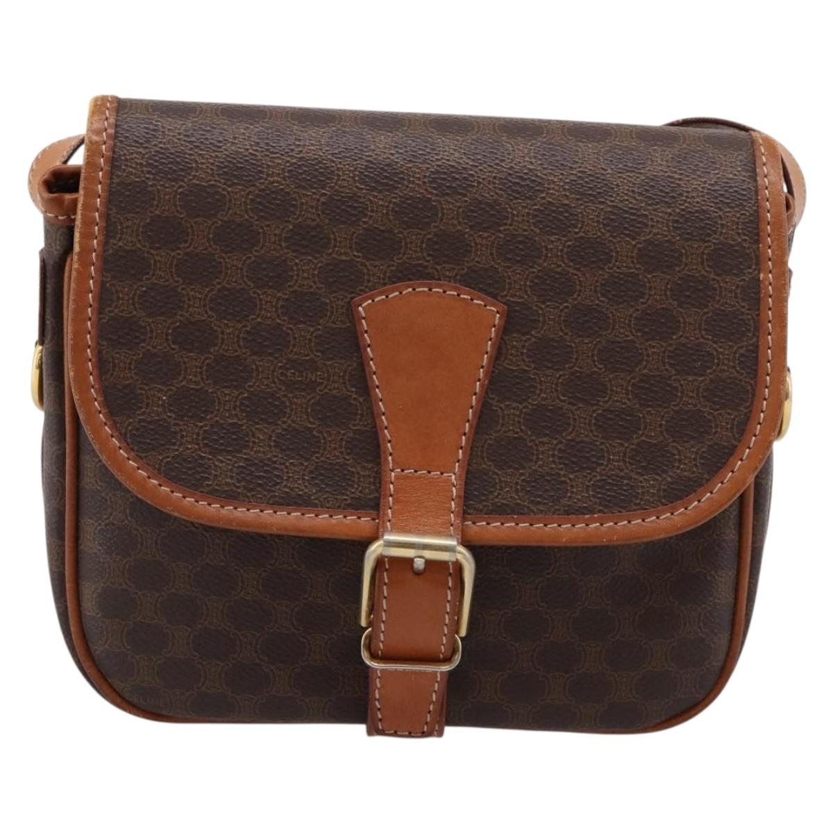 CELINE Macadam Shoulder Bag PVC Leather Brown Gold Tone Auth BA15351