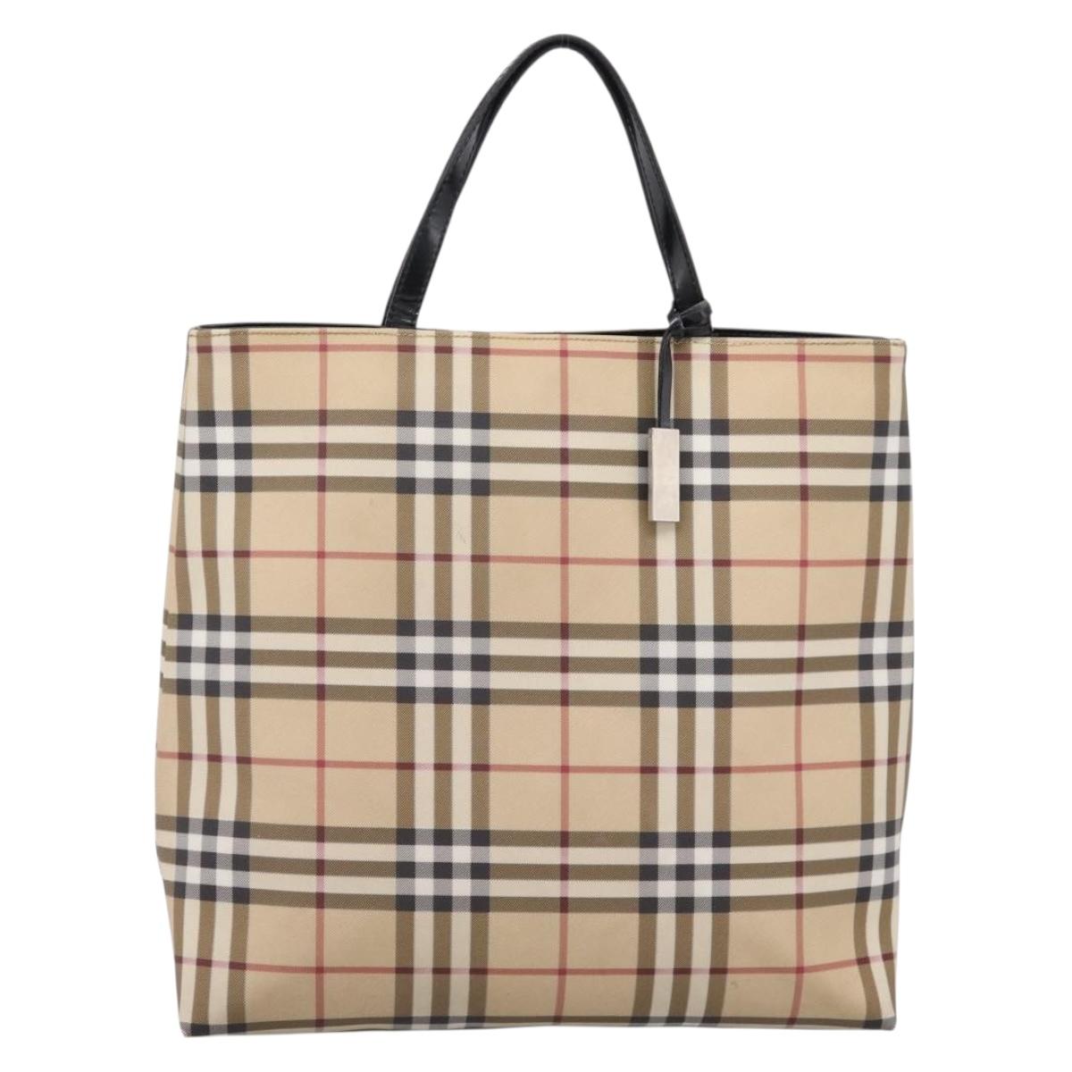 BURBERRY Nova Check Hand Bag PVC Leather Beige Silver Auth BA15368