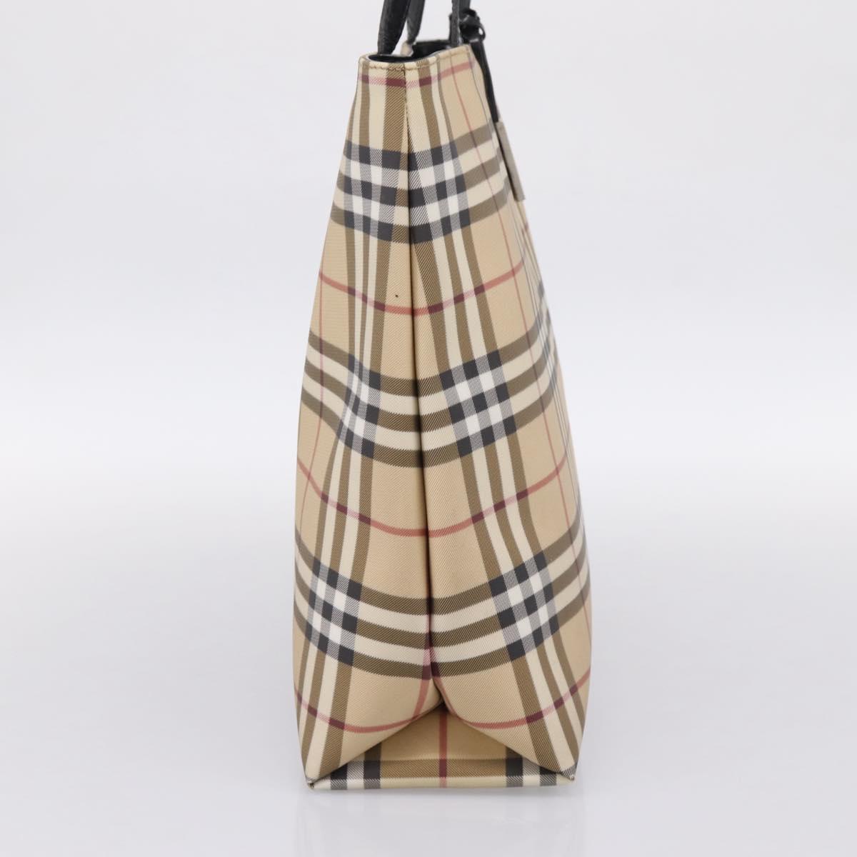 BURBERRY Nova Check Hand Bag PVC Leather Beige Silver Auth BA15368