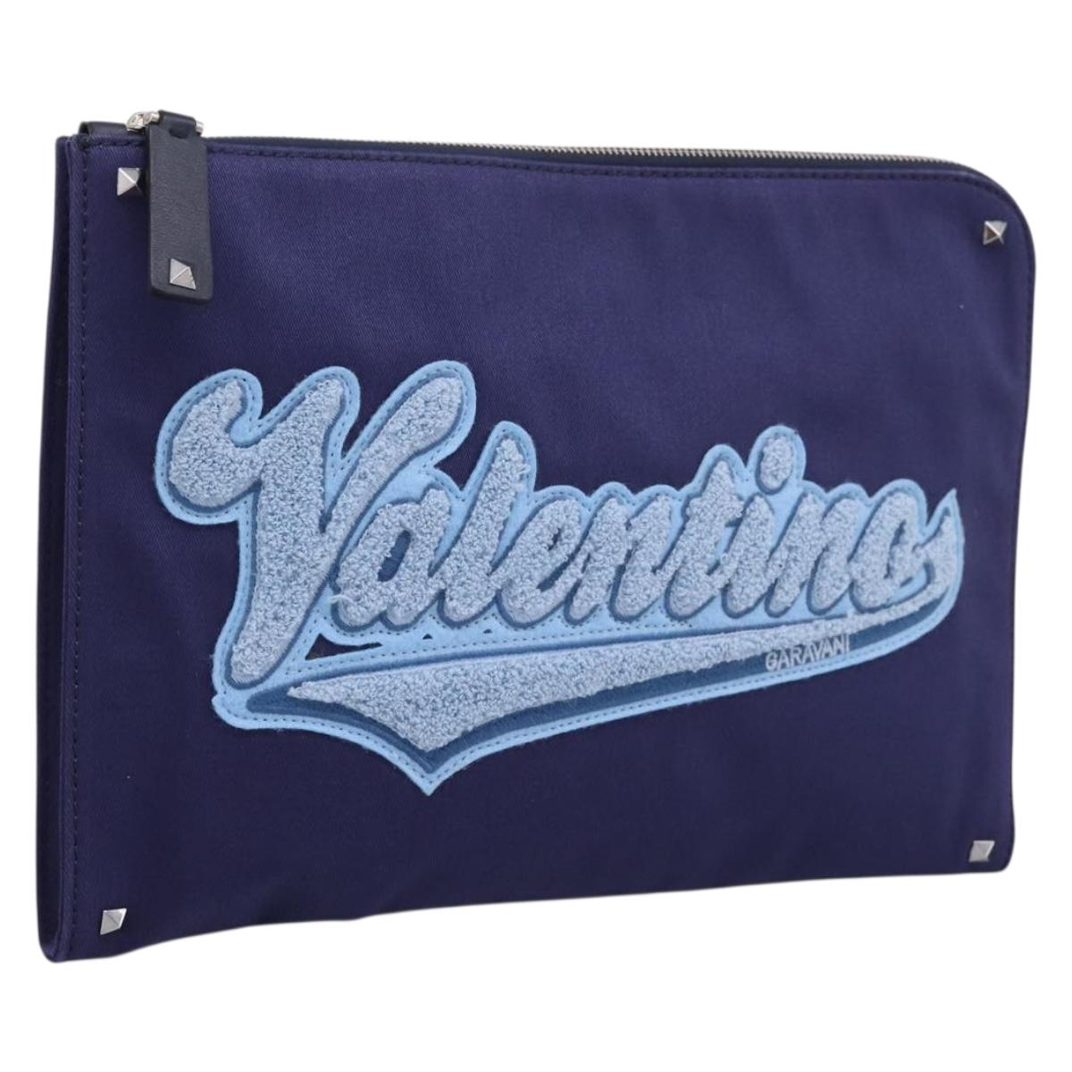 VALENTINO Clutch Bag Canvas Navy Silver Auth BA15372A