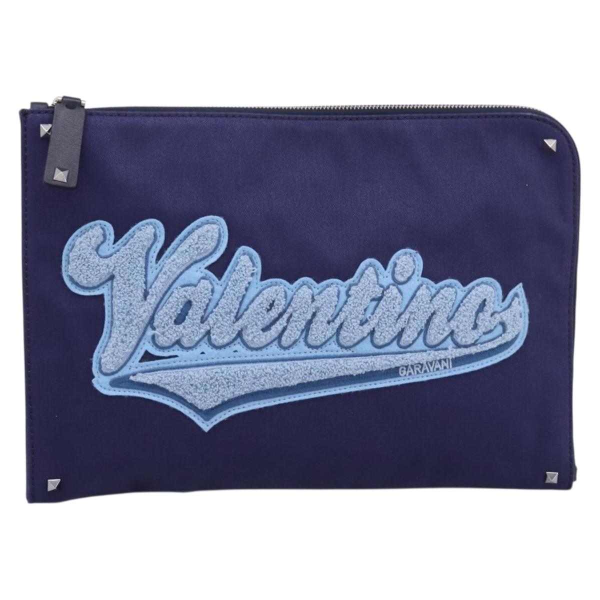 VALENTINO Clutch Bag Canvas Navy Silver Auth BA15372A