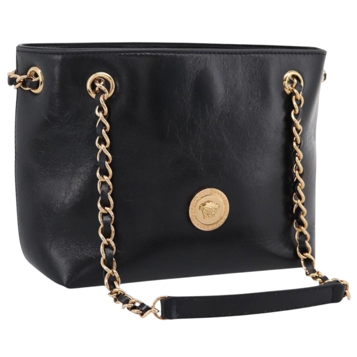 VERSACE Chain Shoulder Bag Leather Black Gold Tone Auth BA15376V