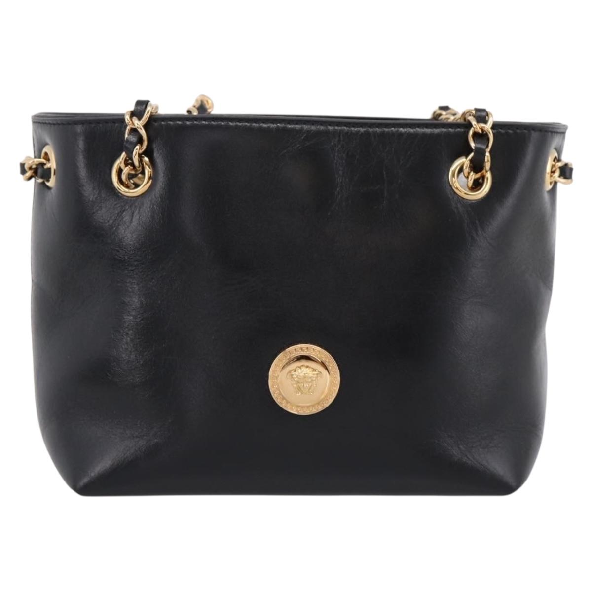 VERSACE Chain Shoulder Bag Leather Black Gold Tone Auth BA15376V
