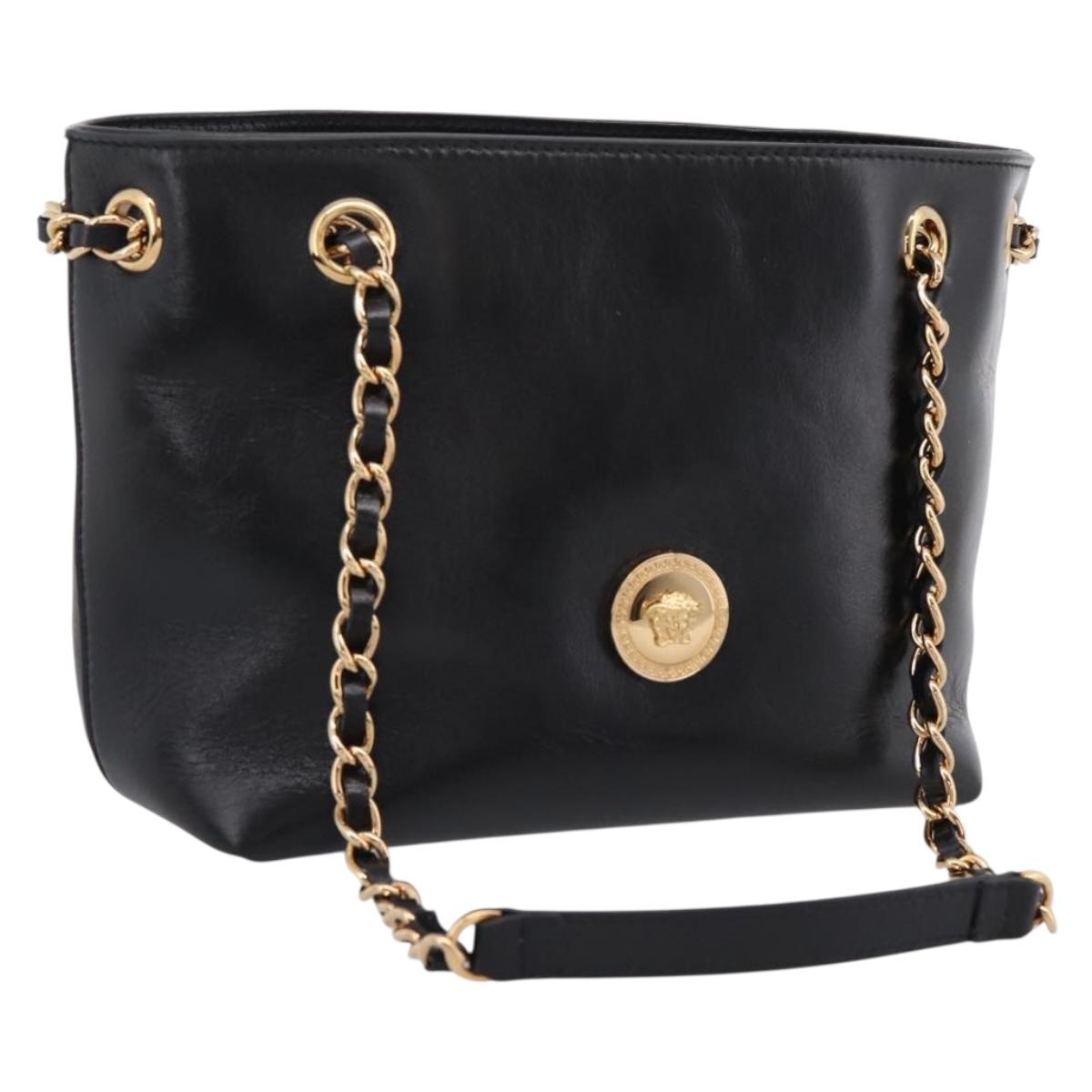 VERSACE Chain Shoulder Bag Leather Black Gold Tone Auth BA15377V