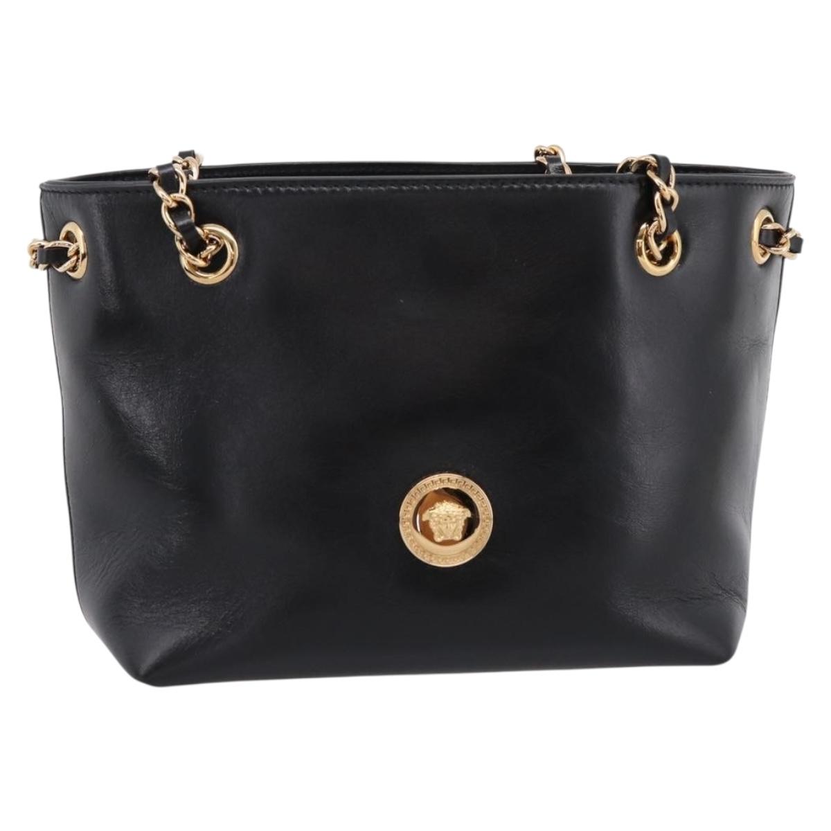 VERSACE Chain Shoulder Bag Leather Black Gold Tone Auth BA15377V
