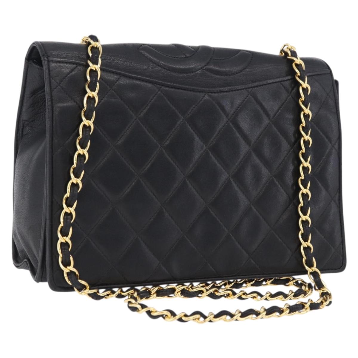 CHANEL Lamb Skin Matelasse Chain Shoulder Bag Black Gold Tone CC Auth BA15379A