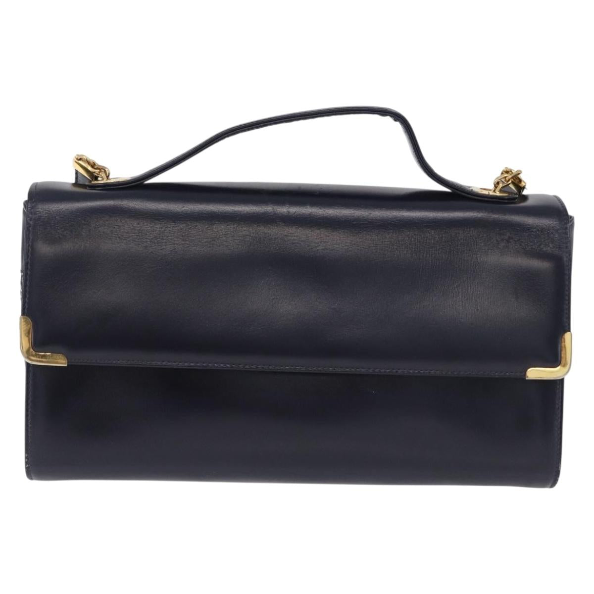 Christian Dior Hand Bag Leather 2way Navy Gold Tone Auth BA15381