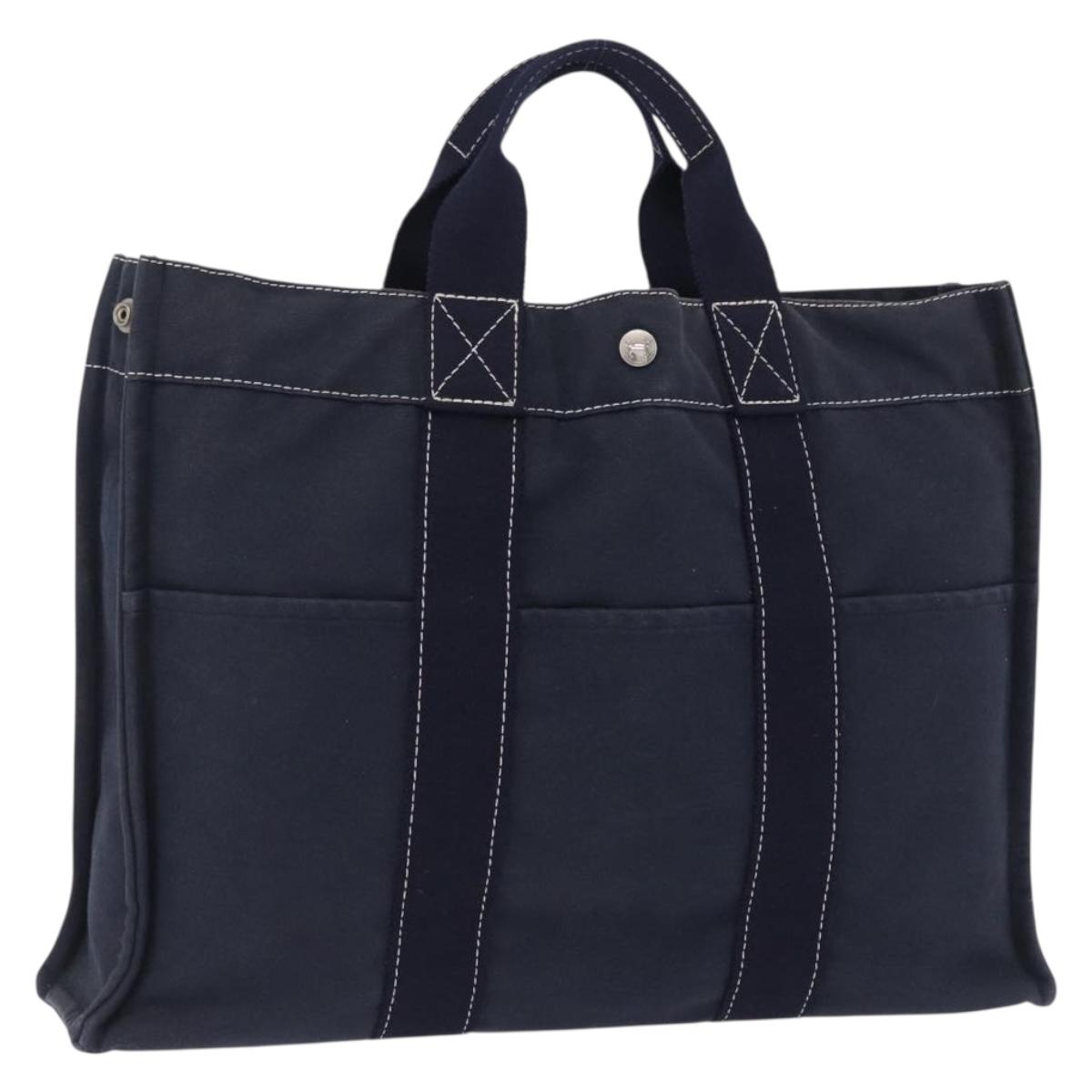 HERMES Fourre Tout MM Hand Bag Canvas Navy Silver Auth BA15383