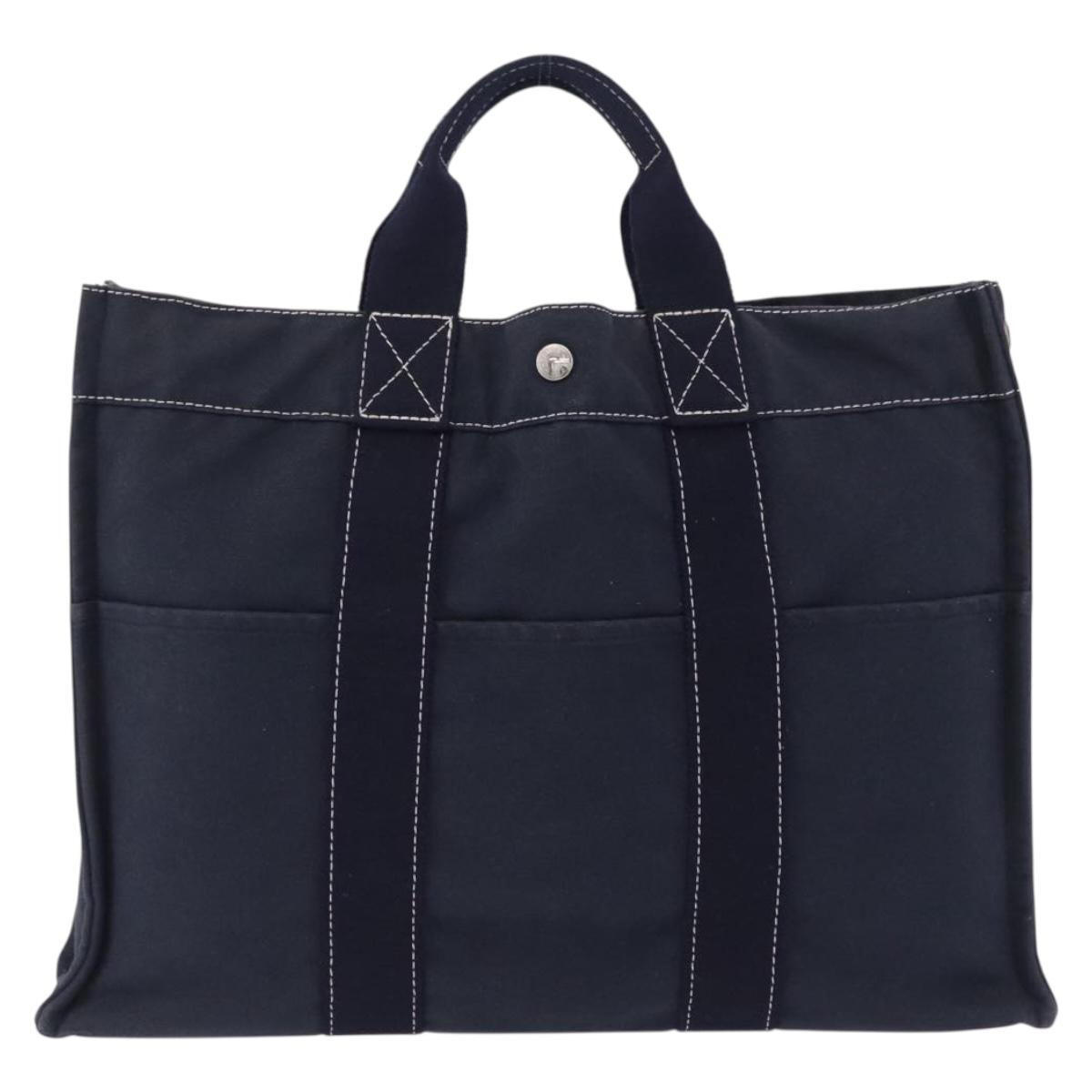 HERMES Fourre Tout MM Hand Bag Canvas Navy Silver Auth BA15383