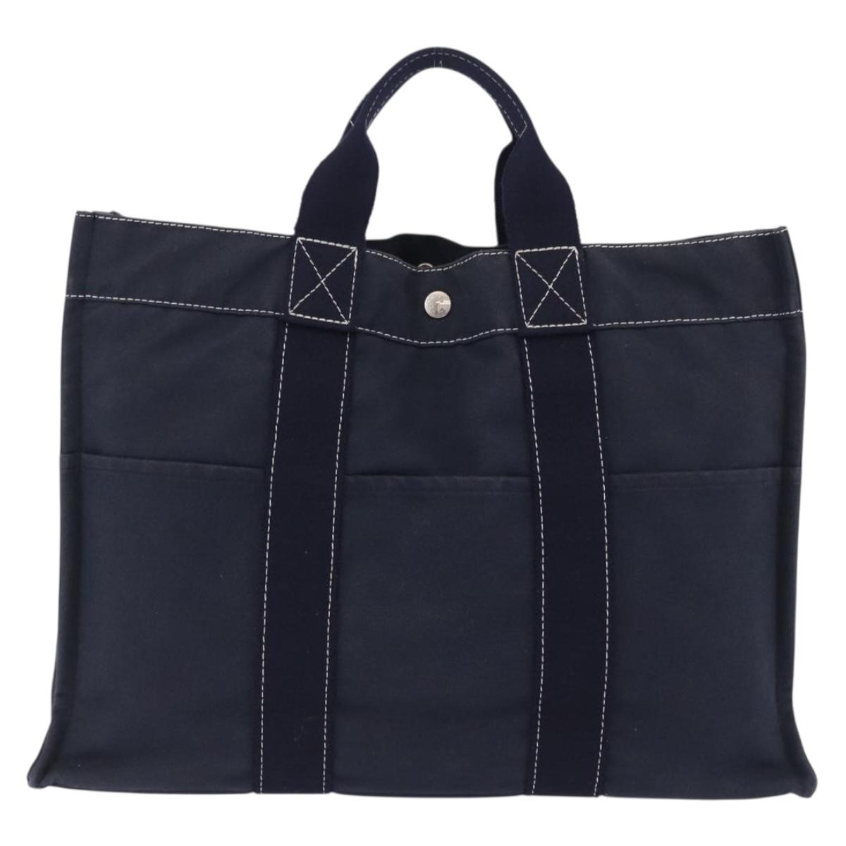 HERMES Fourre Tout MM Hand Bag Canvas Navy Silver Auth BA15383