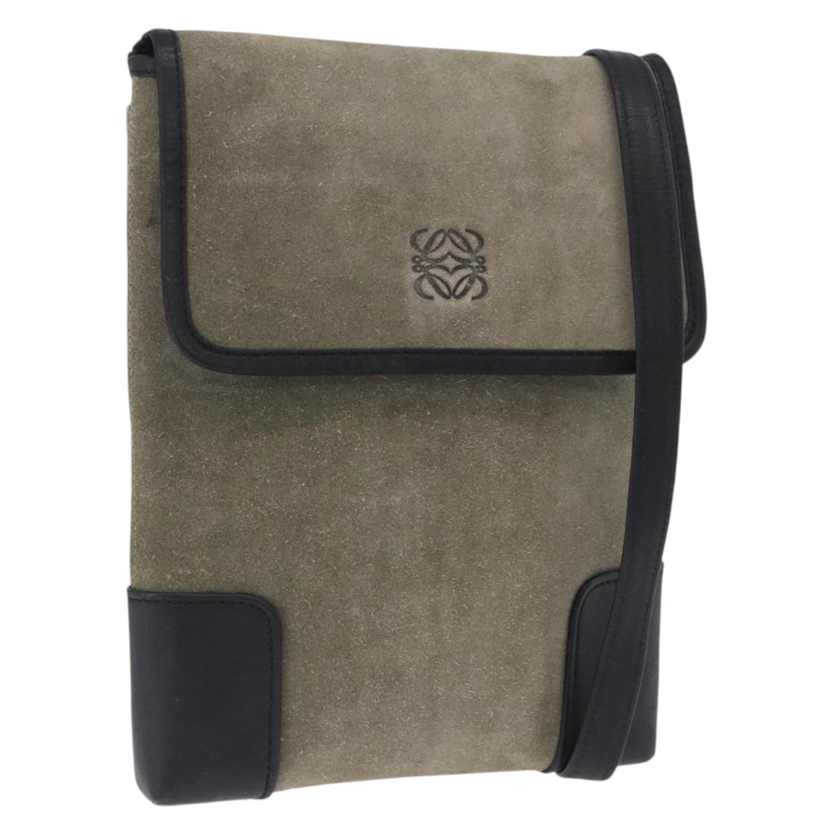 LOEWE Anagram Shoulder Bag Suede Khaki Black Auth BA15386