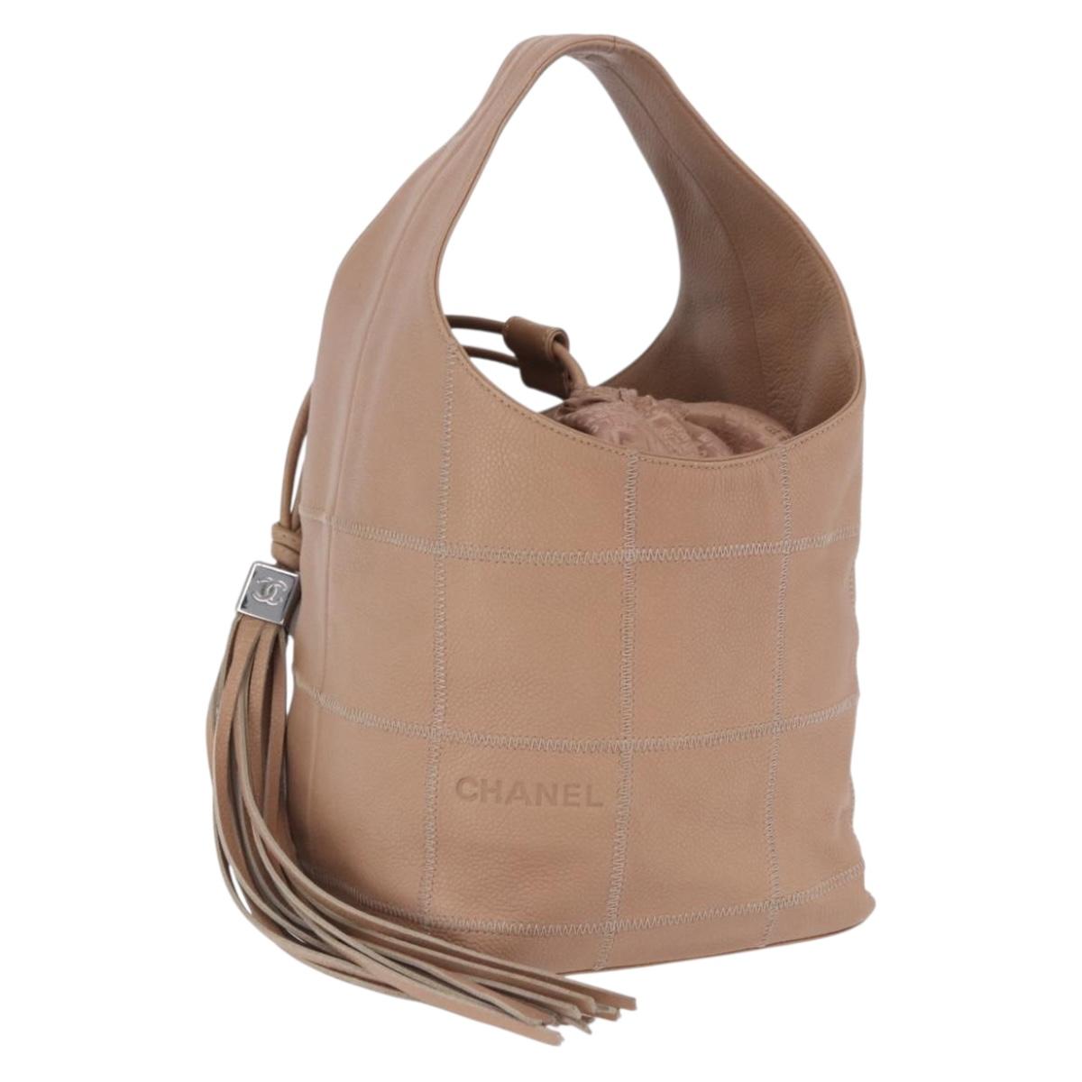 CHANEL Chocolate Bar Drawstring Bag Lamb Skin Beige Silver CC Auth BA15389V