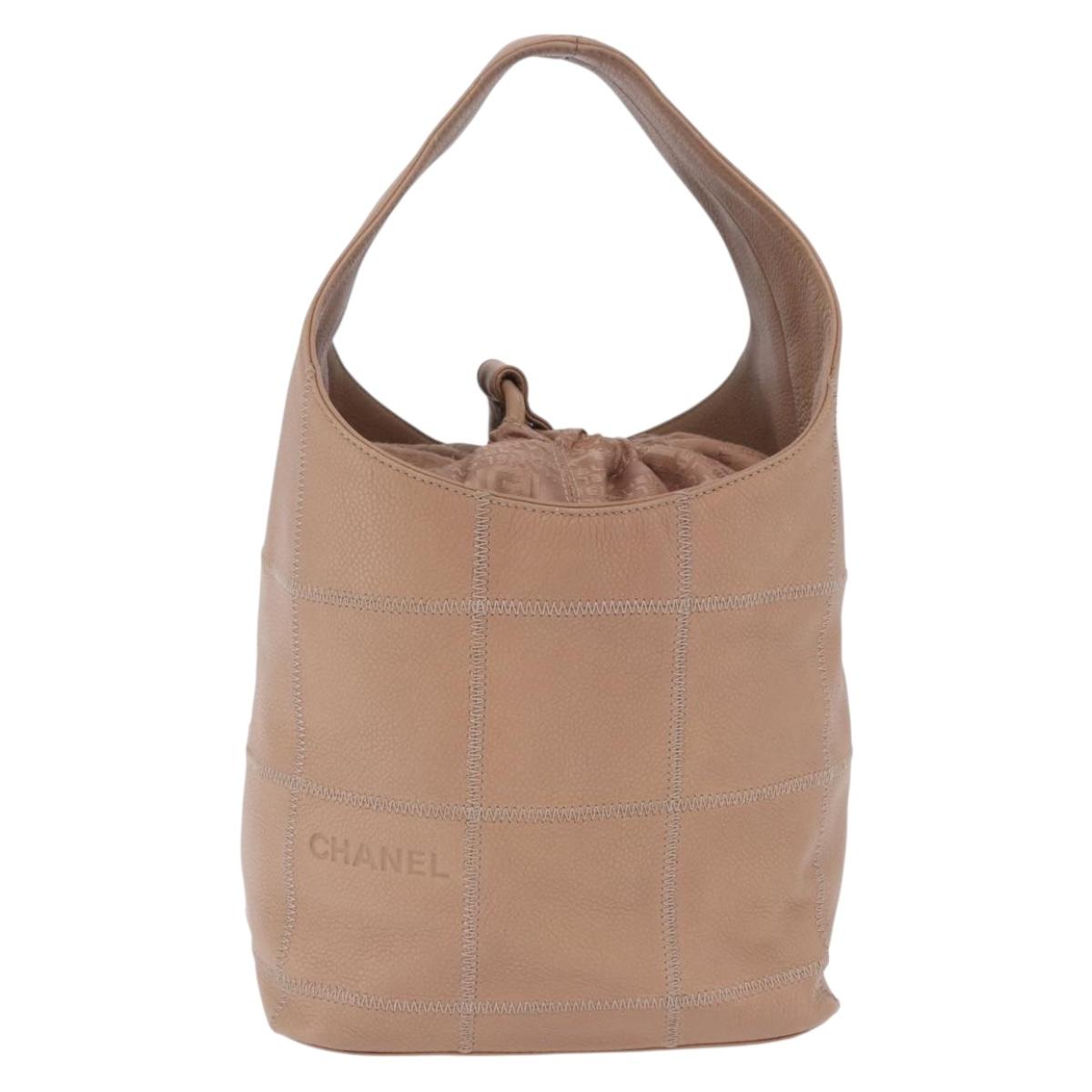 CHANEL Chocolate Bar Drawstring Bag Lamb Skin Beige Silver CC Auth BA15389V