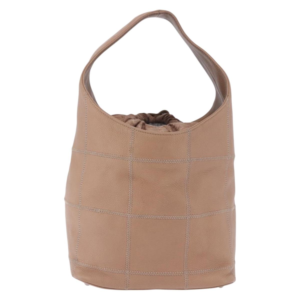 CHANEL Chocolate Bar Drawstring Bag Lamb Skin Beige Silver CC Auth BA15389V