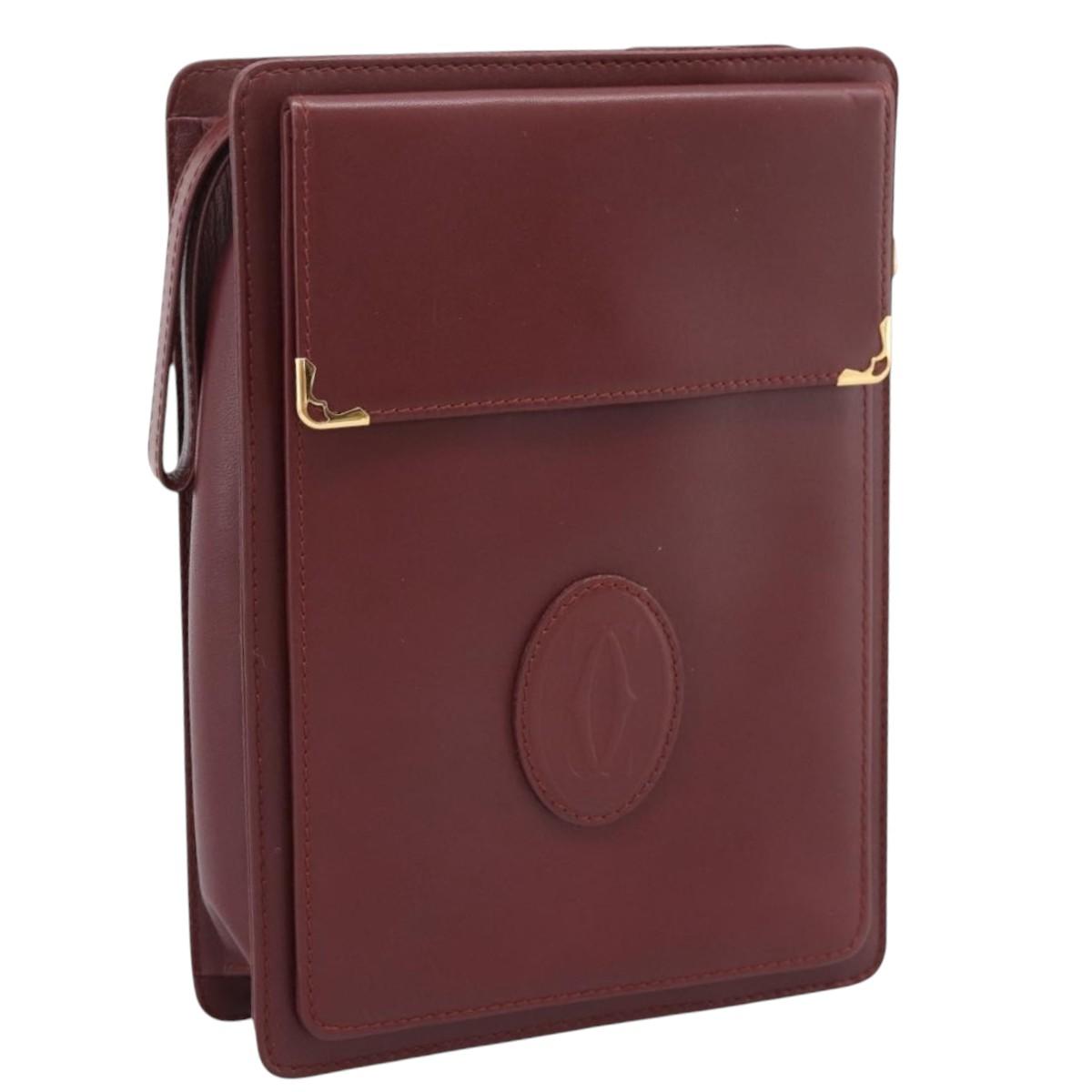 CARTIER Must Line Clutch Bag Leather Bordeaux Gold Tone Auth BA15394