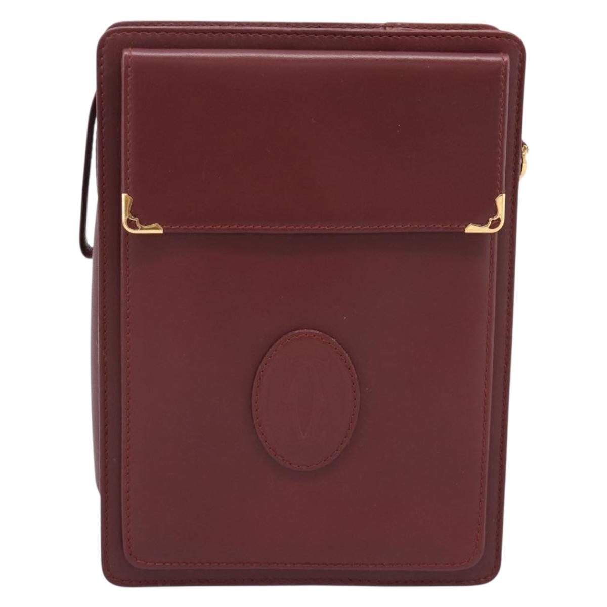 CARTIER Must Line Clutch Bag Leather Bordeaux Gold Tone Auth BA15394