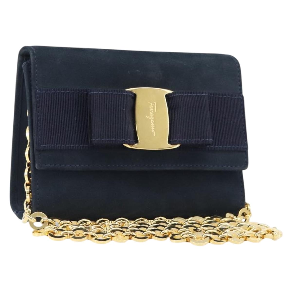 Salvatore Ferragamo Vala Ribbon Chain Shoulder Bag Suede Navy Gold Auth BA15397